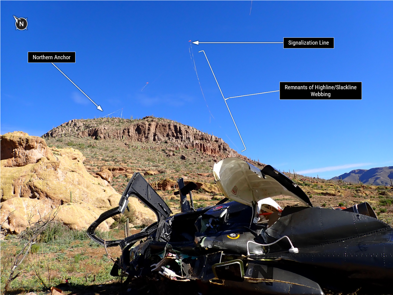Images from the preliminary report show the crashed fuselage and remnants of the slackline.