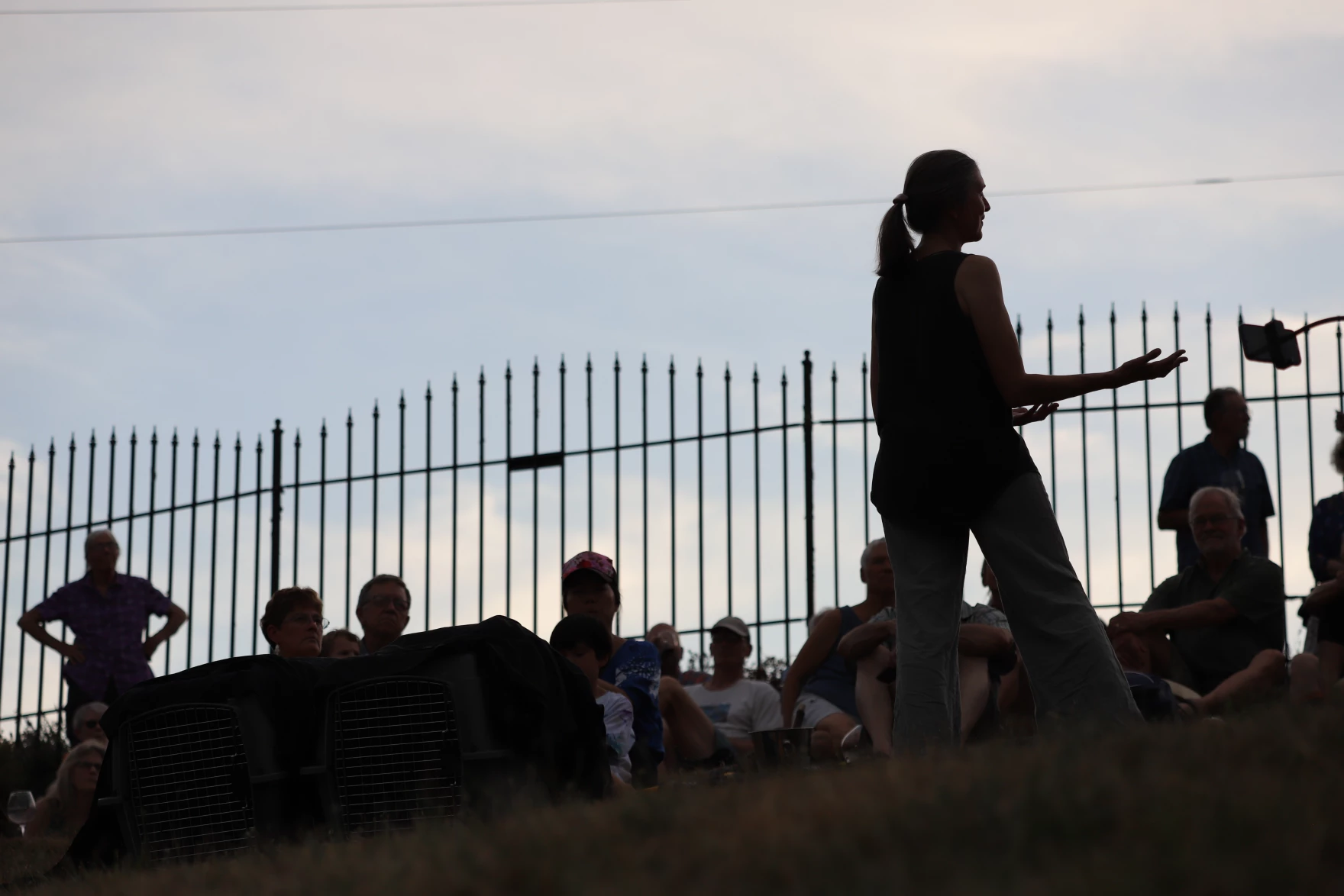 A person with a pony tail speaks in front of an outdoor crowd.