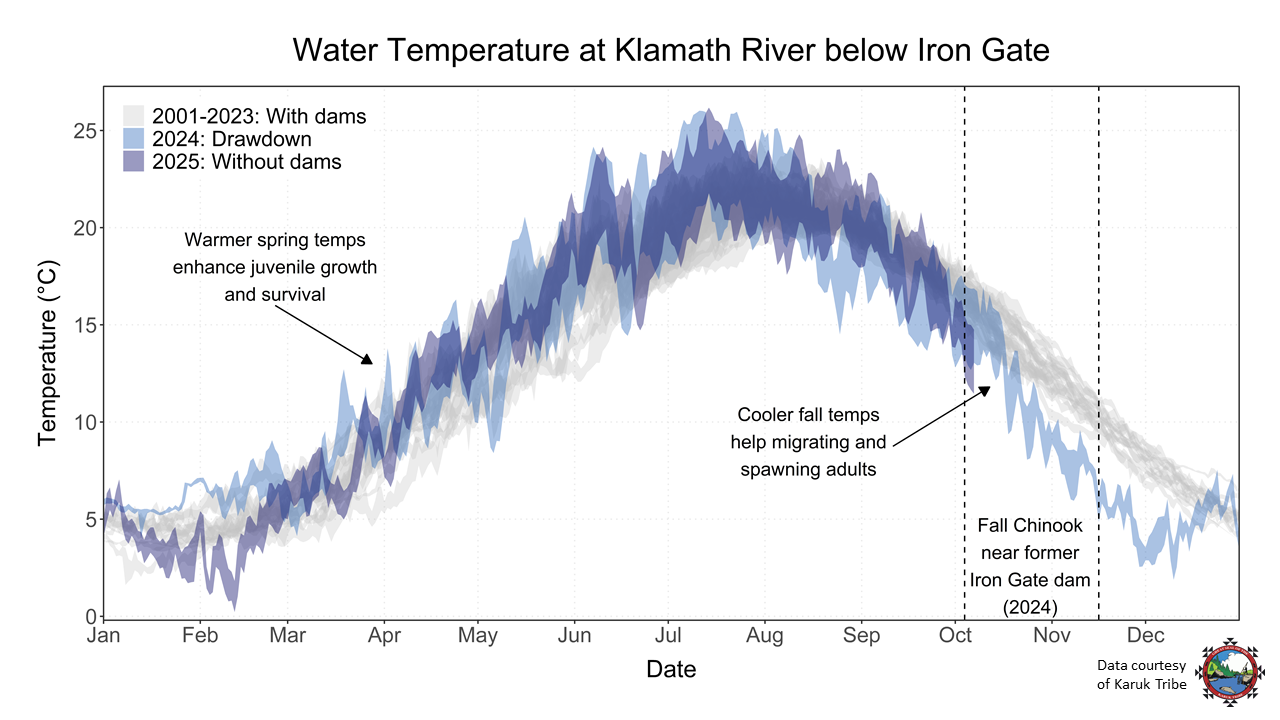 Data showing the water temperature of the Klamath River below Iron Gate.