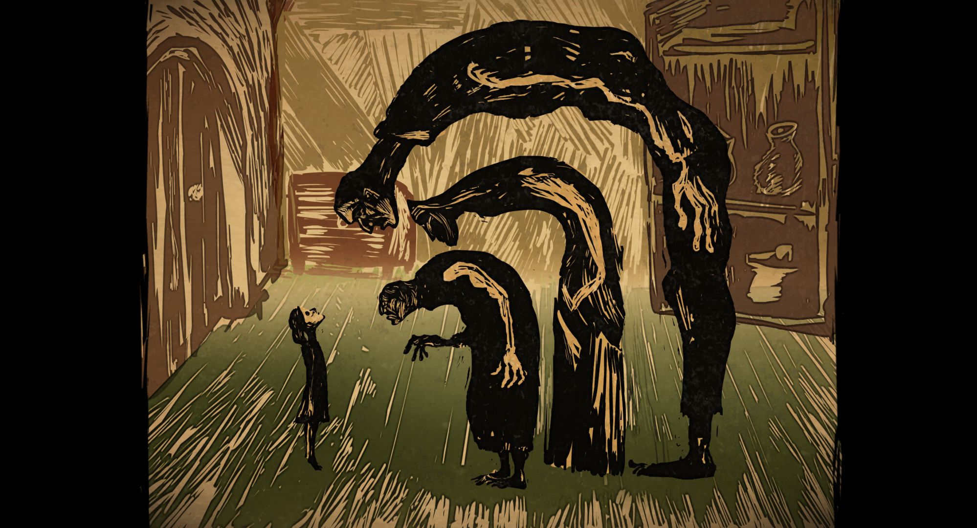 Animation in linocut style, a small young girl stands in a room looking up at three tall dark figures peering over her.