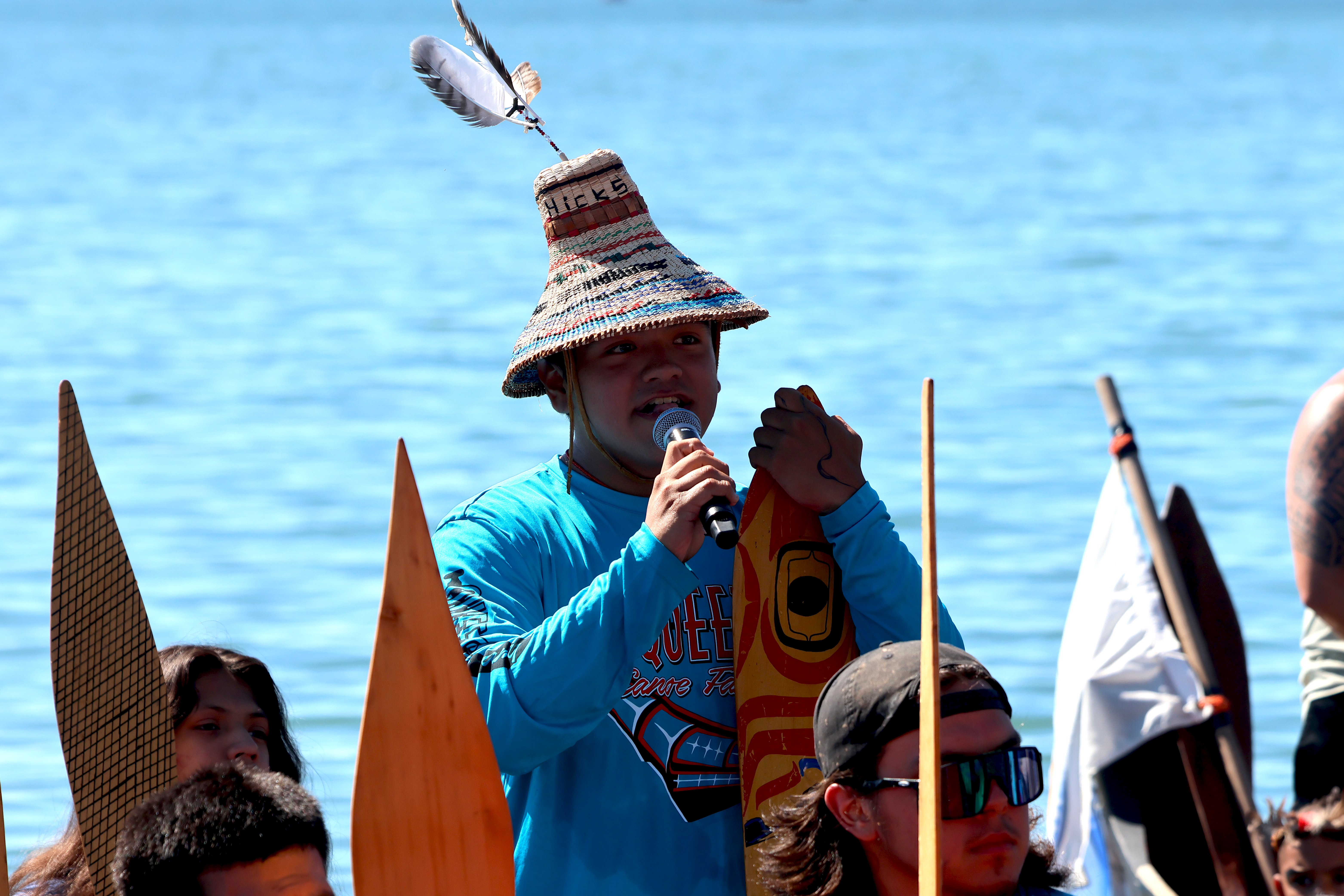 As the Lee-Choe-Eese Canoe Family pulled to the shore of the Puyallup Canoe Landing, Albert Ortivez-Hicks, 18, Quinault, introduced himself first in Quinault and then in English, asking for permission to land on July 31, 2024.