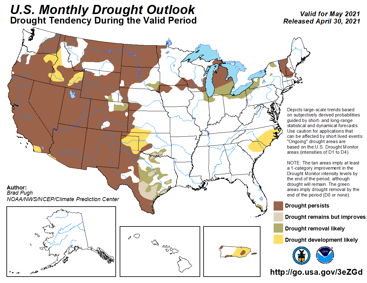 A map shows drought is likely to persist across most of the western United States through May.