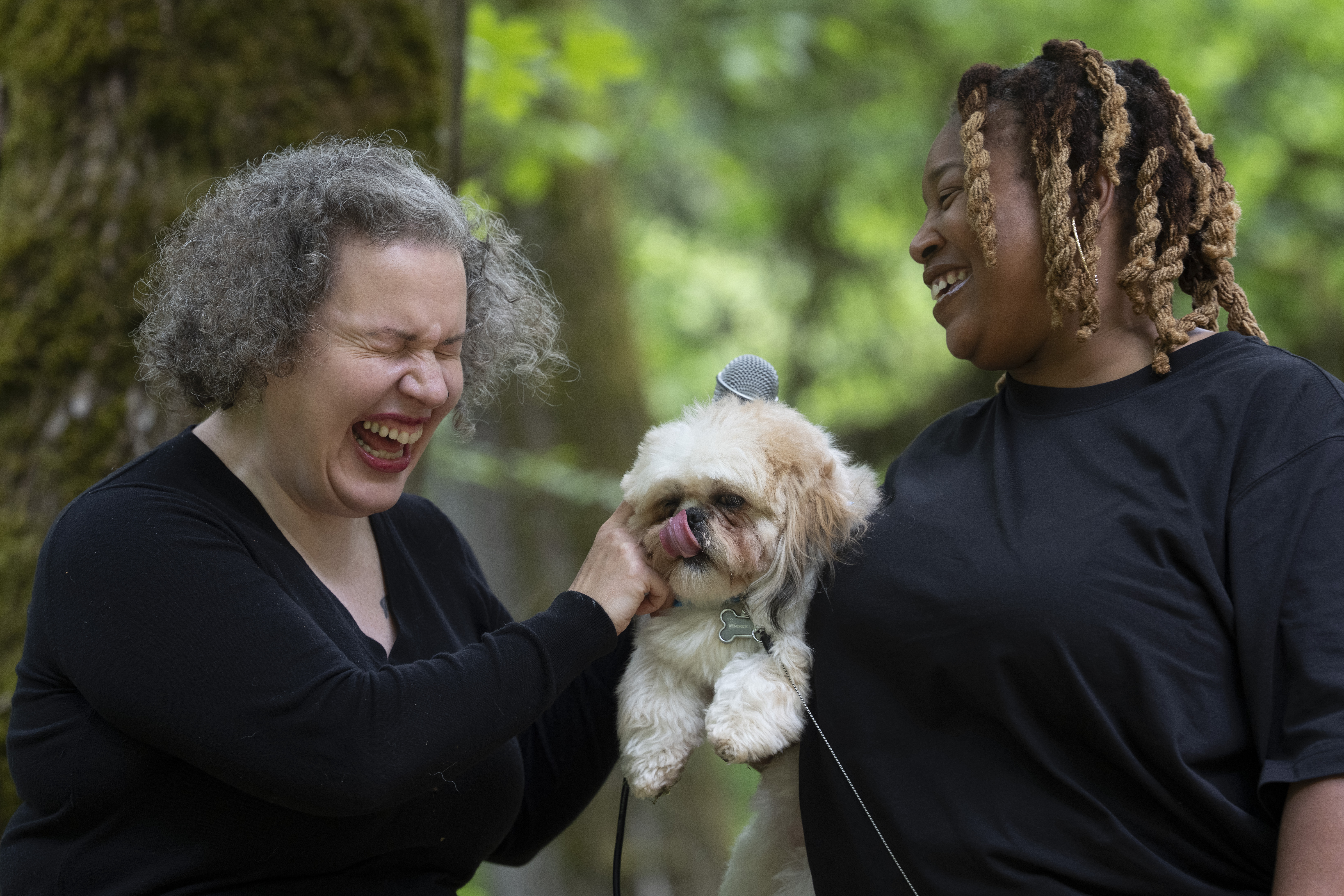 Host Andie Main, left, interviews Yashica Island, right, dog Kendrick Lamar during the event.