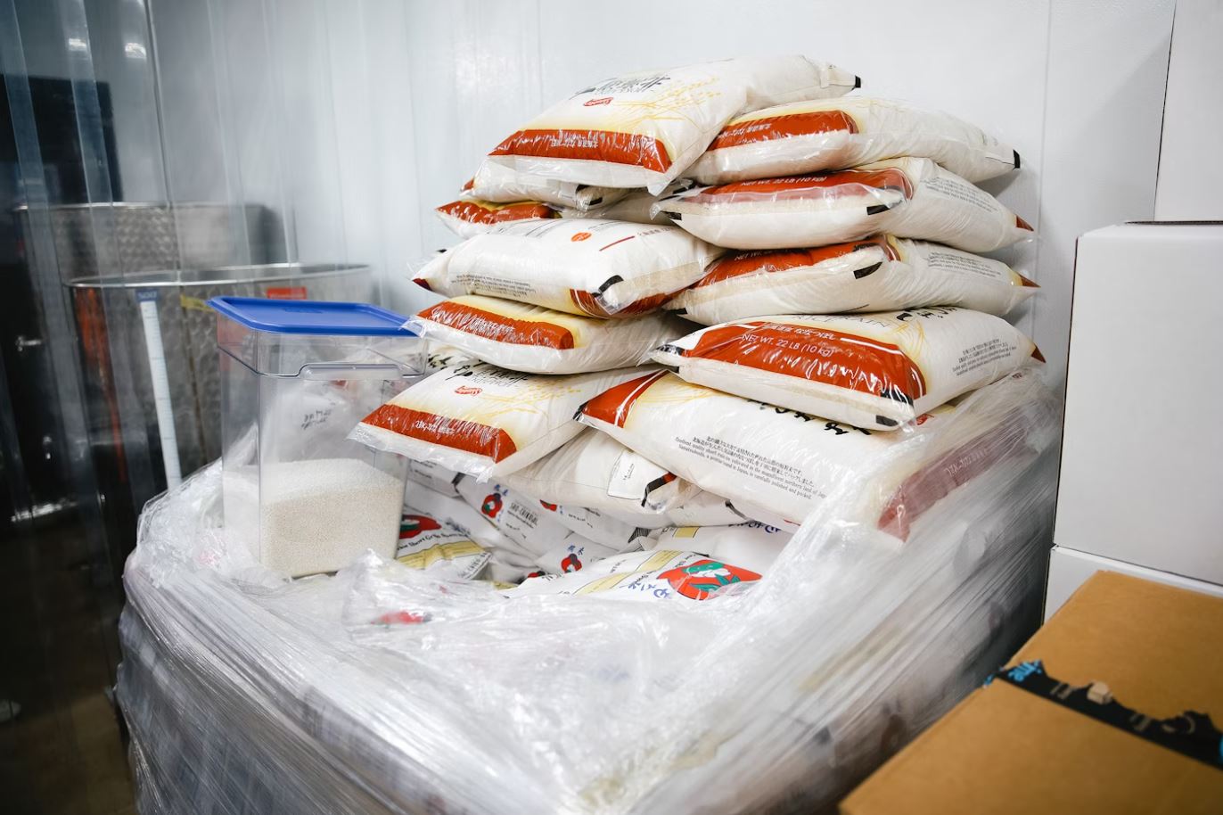 Bags of rice for making Korean rice wine are stored in the walk-in cooler at Rainbrew, on Thursday, May 22, 2025, in Woodinville, Wash.