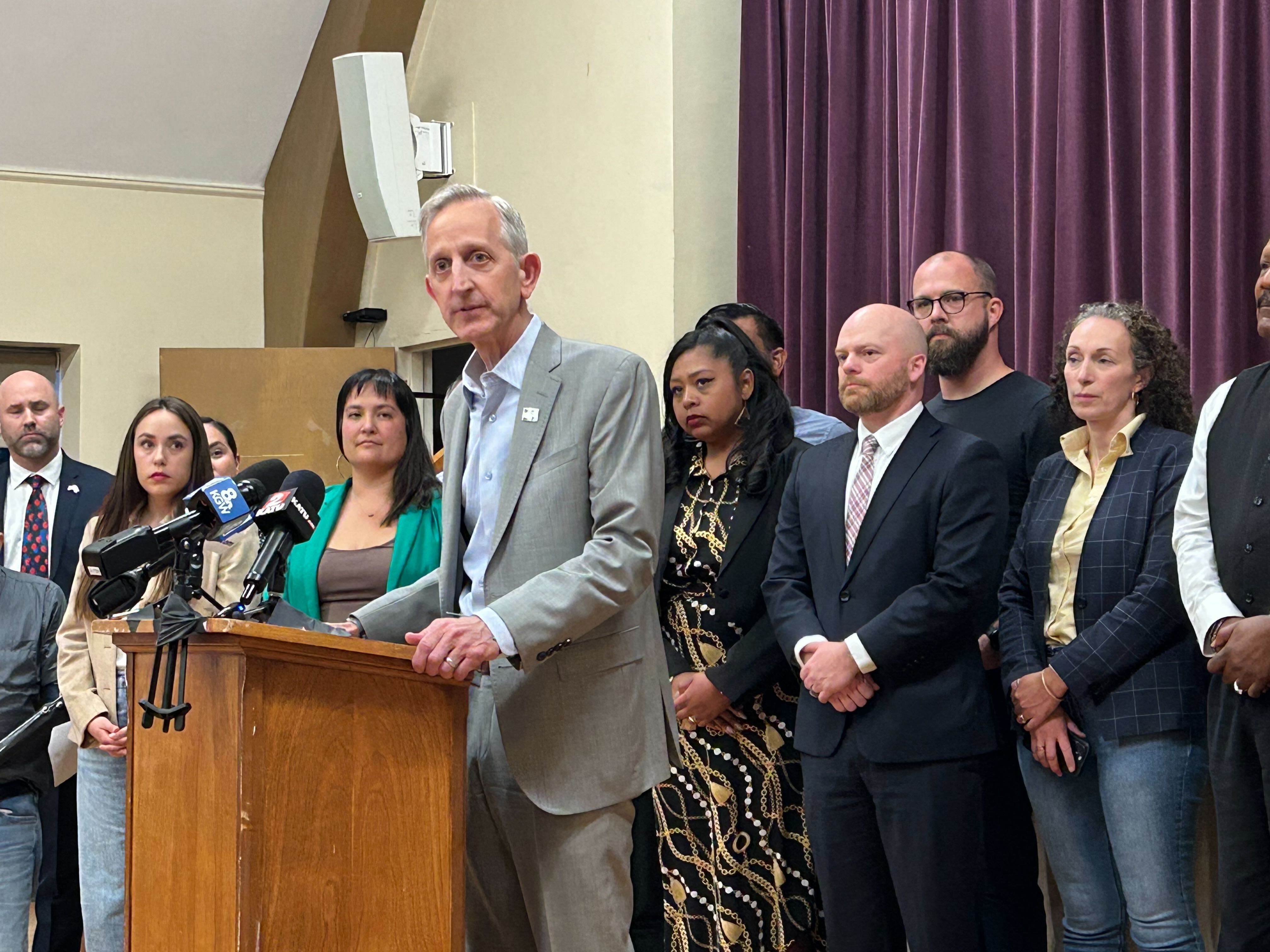 Portland city leaders gathered for a press conference Friday night to urge calm as federal agents reportedly surged into the city.