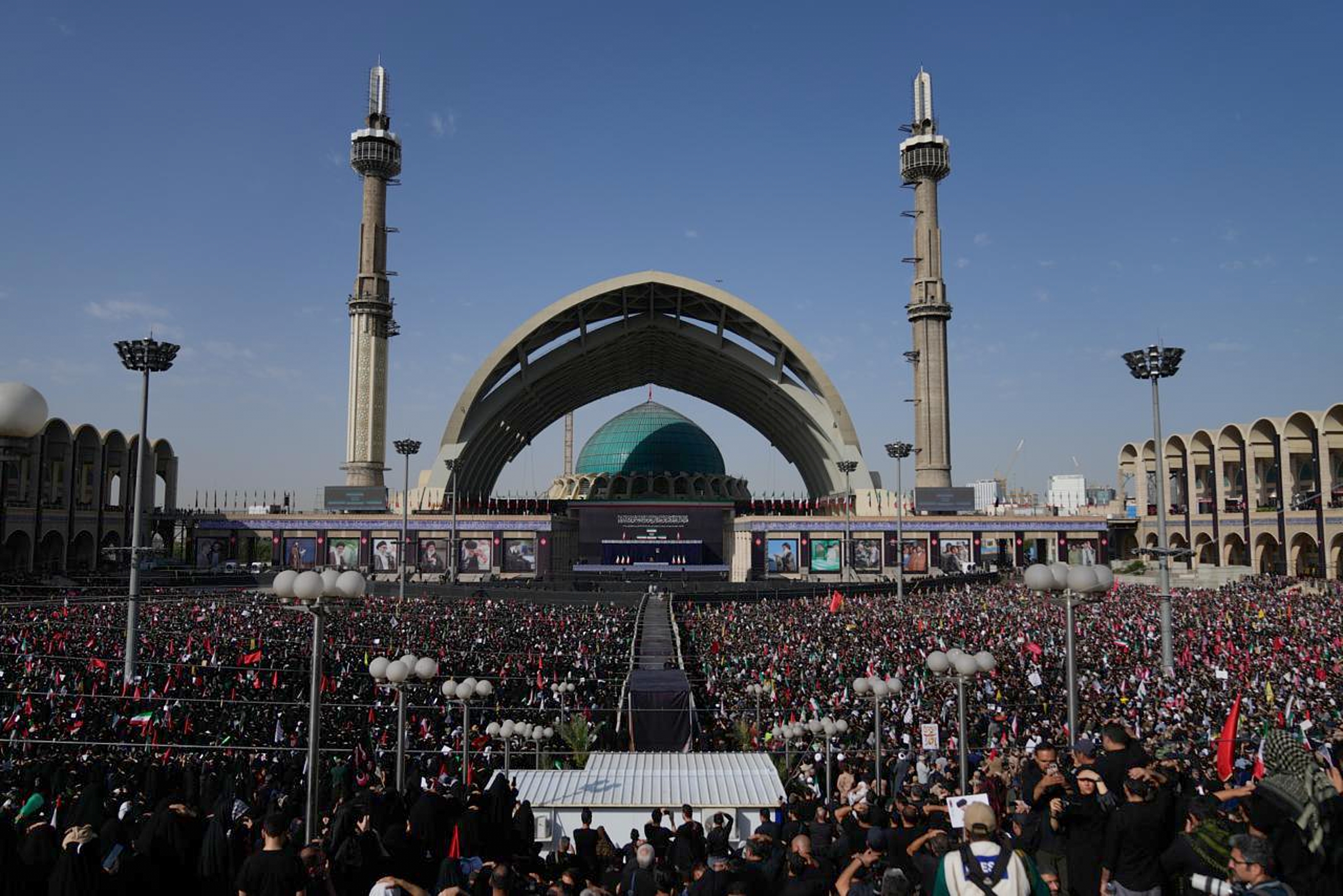 A crowd attends the start of the dayslong funeral ceremonies at the Imam Khomeini Mosalla Grand Mosque in Tehran, Iran, Saturday, July 4, 2026.