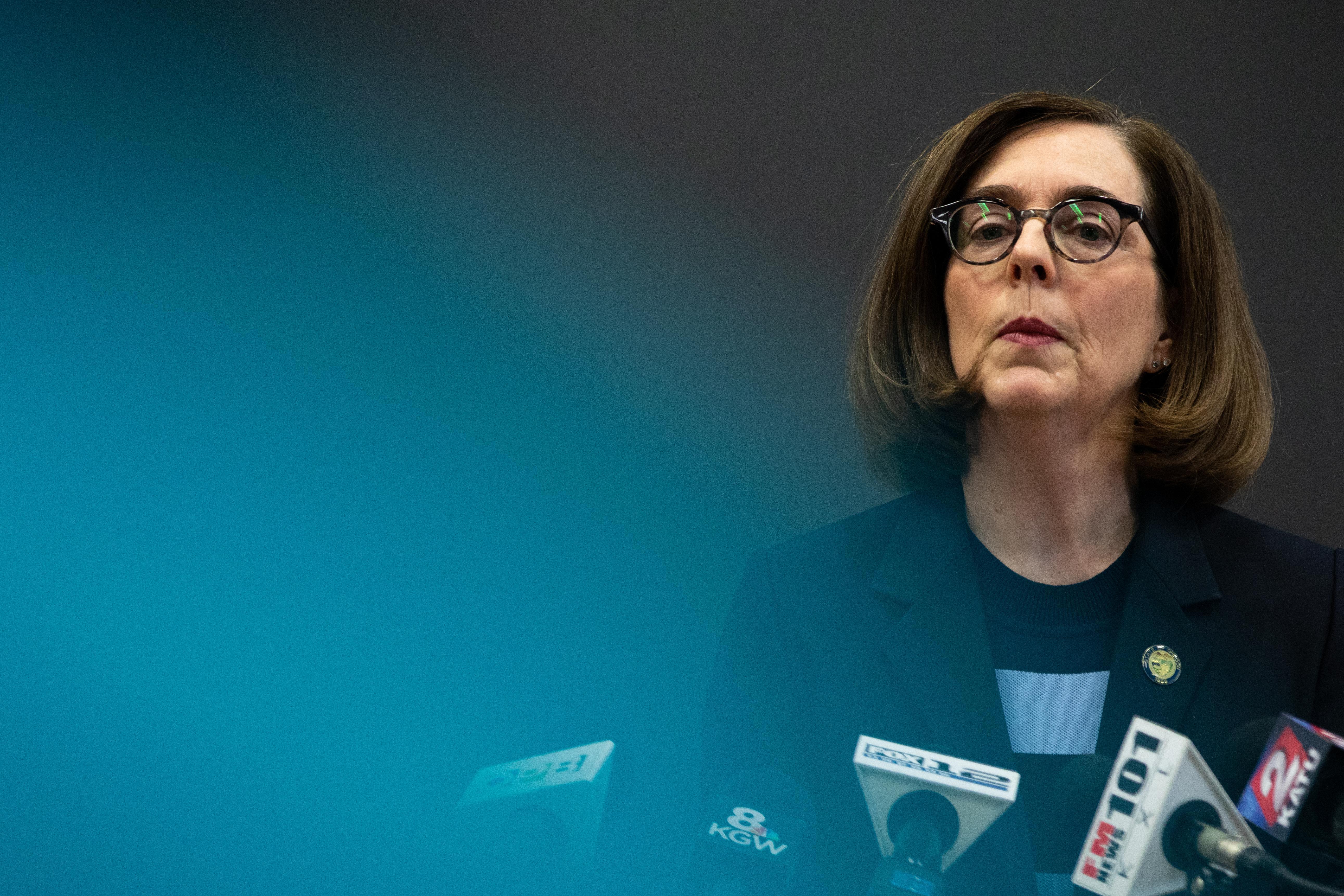 Oregon Gov. Kate Brown speaks during a news conference on the coronavirus outbreak, March 16, 2020.