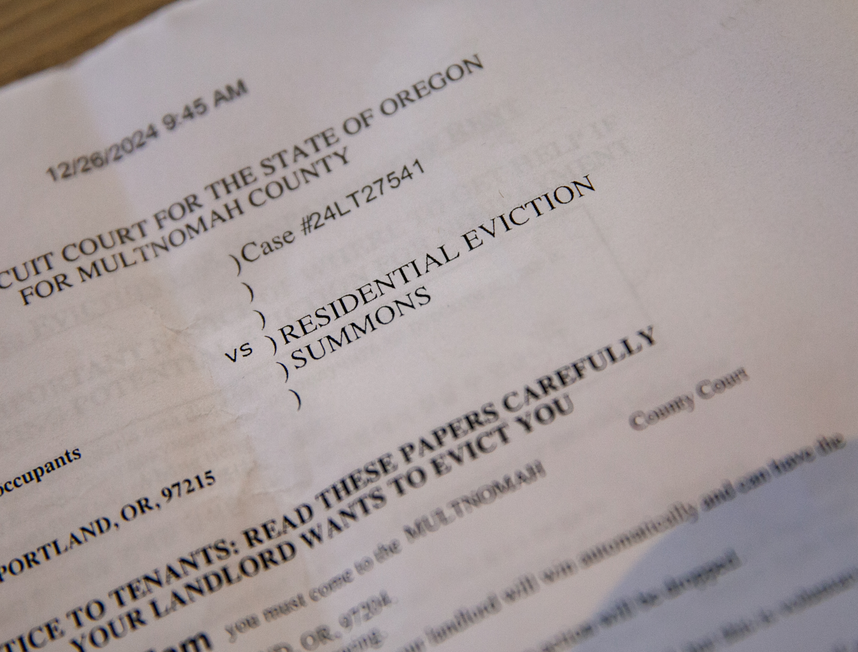 An eviction notice brought by a tenant to his court date in the Multnomah County Courthouse, Portland, Ore., Jan. 28, 2025. 