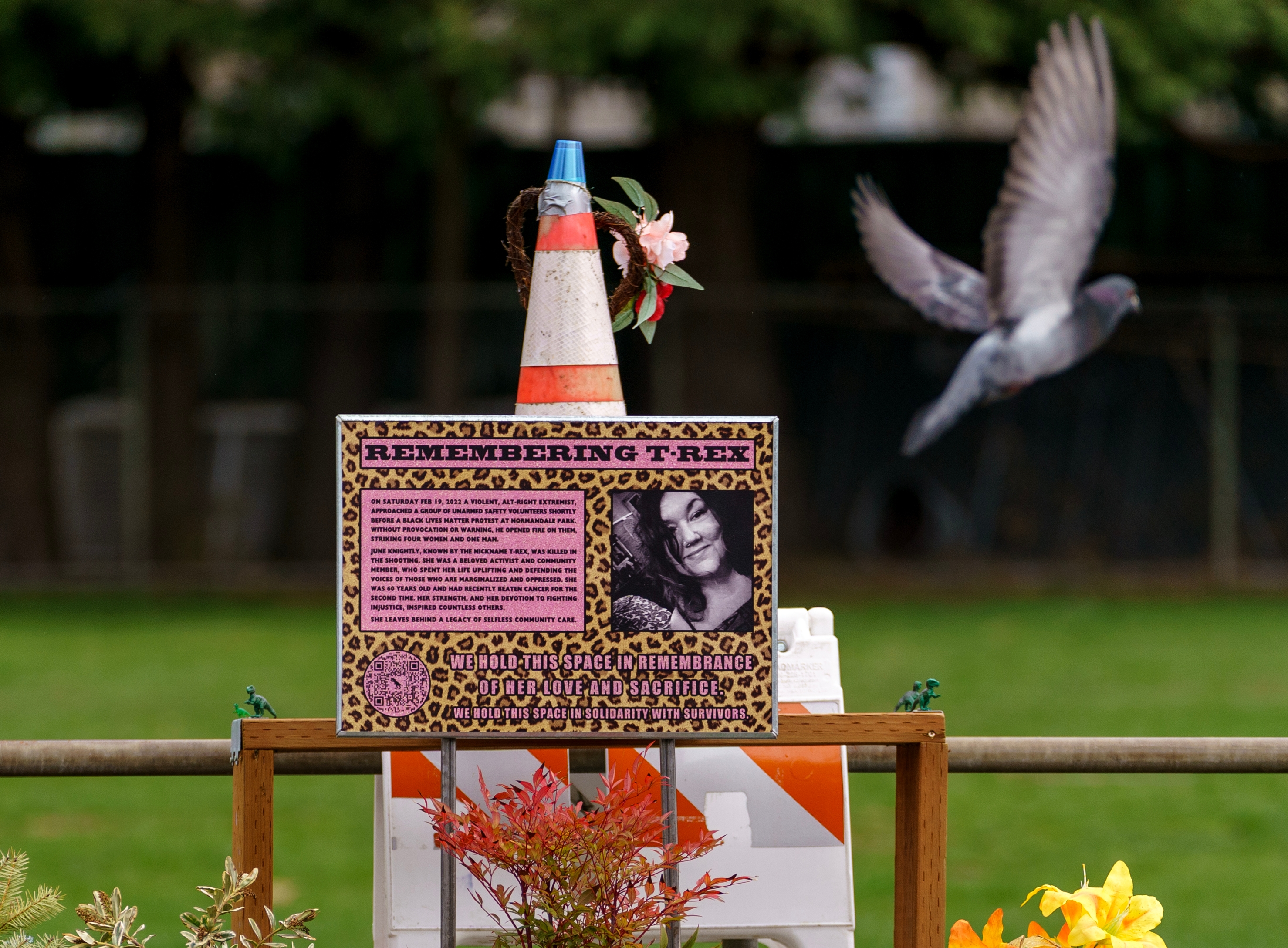 A memorial for June “T-Rex” Knightly, at the corner of Northeast Hassalo Street and Northeast 55th Avenue in Portland on April 5, 2023. Knightly died after being shot by Benjamin Smith on February 2022.