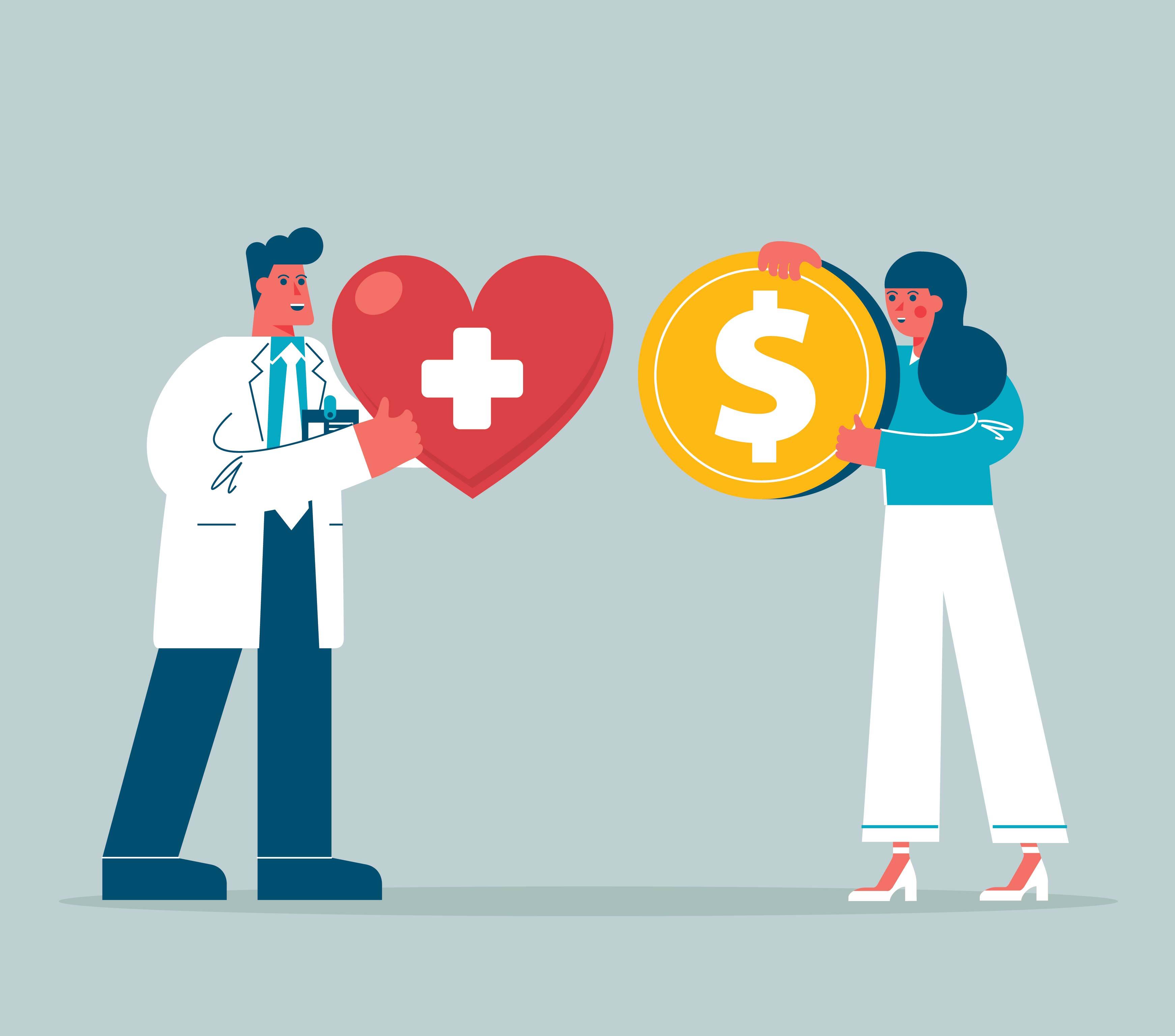 An illustration shows a person in a white coat holding a heart symbol and another person holding a coin symbol.