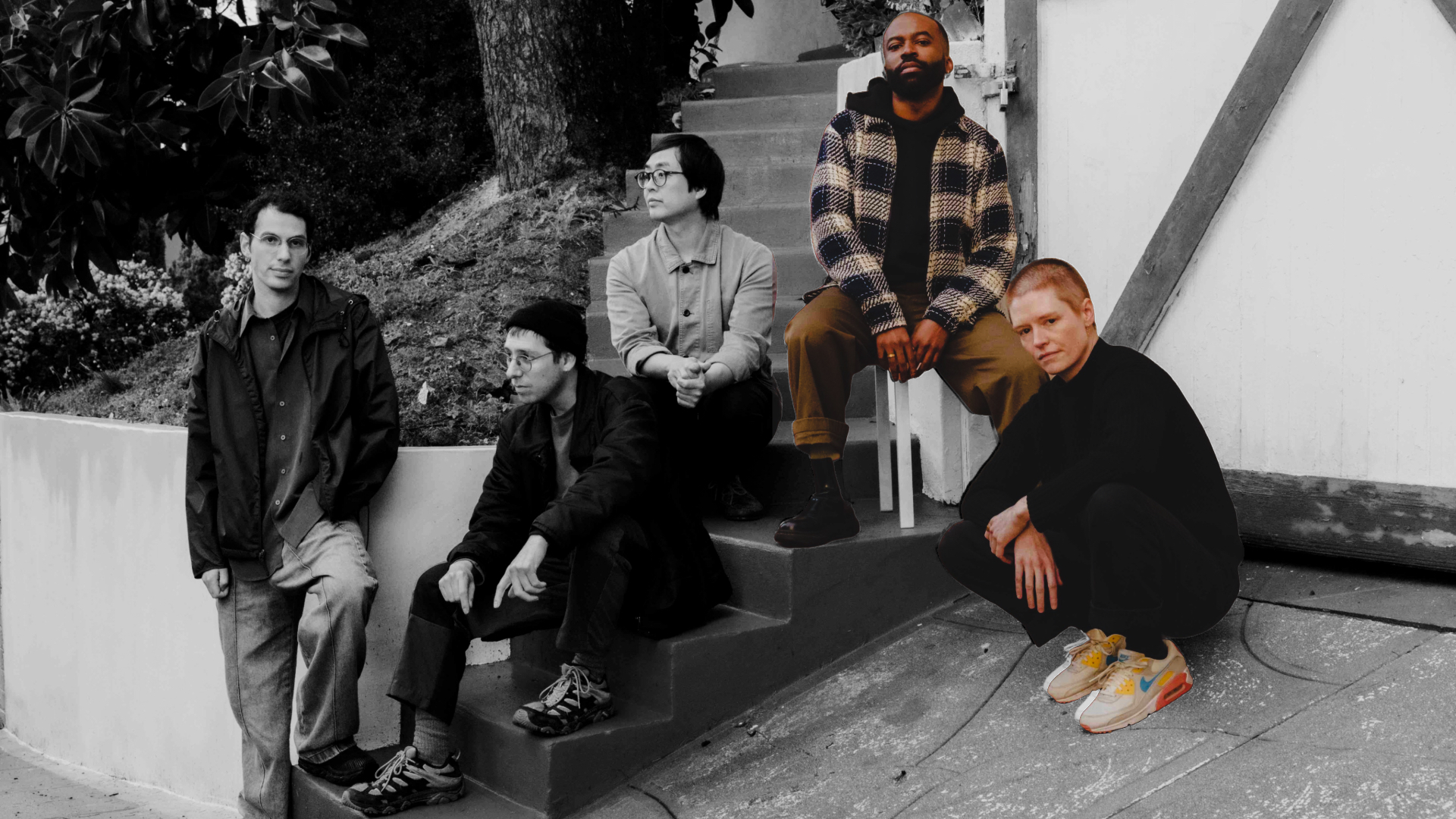 A greyscale photo of SML with Anna Butterss and Josh Johnson in color
