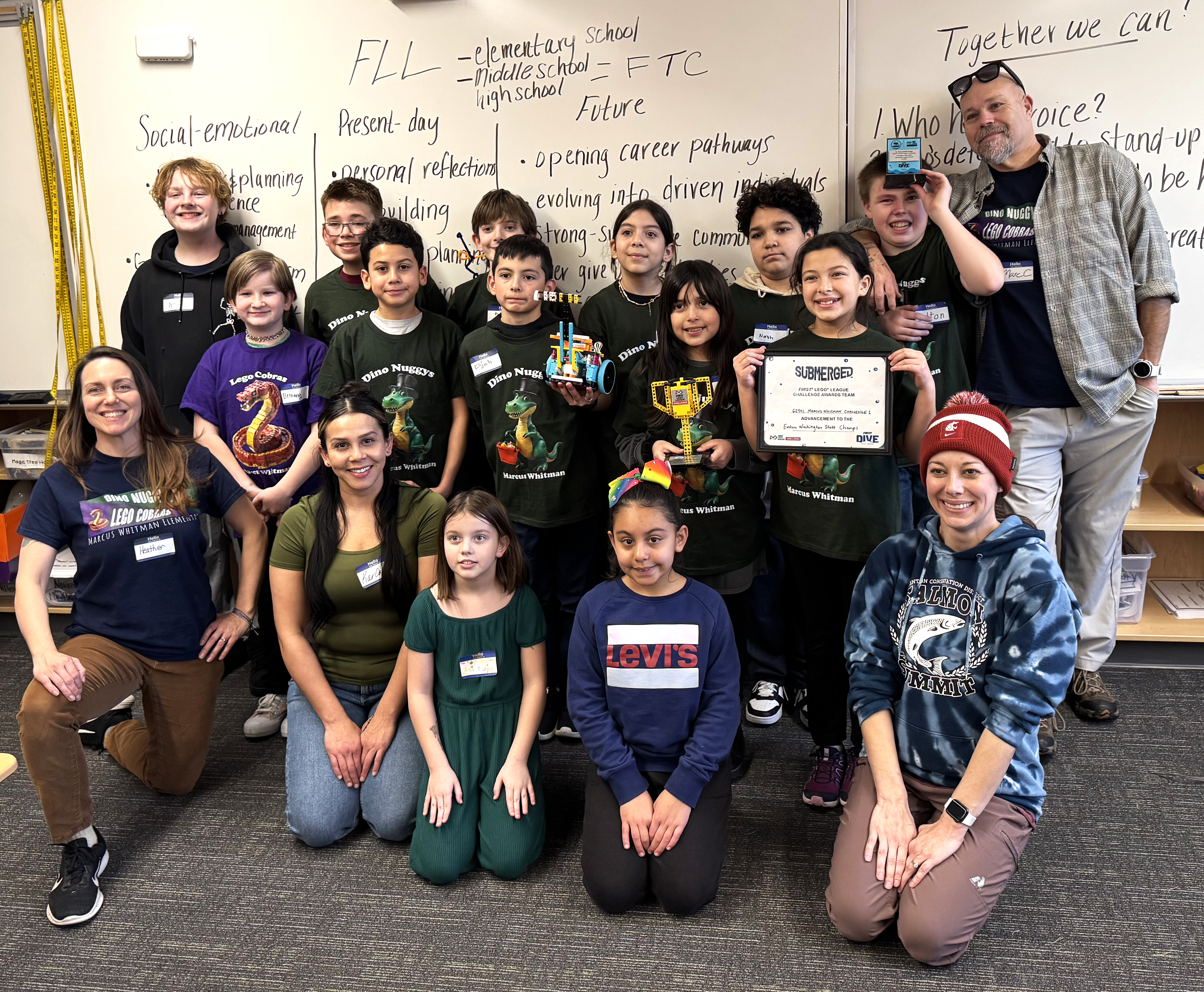 Marcus Whitman Elementary School’s FIRST Lego League Challenge and Explorers teams. The fourth and fifth graders on the Dino Nuggys team are raising money to compete at an international competition in Massachusetts this summer.