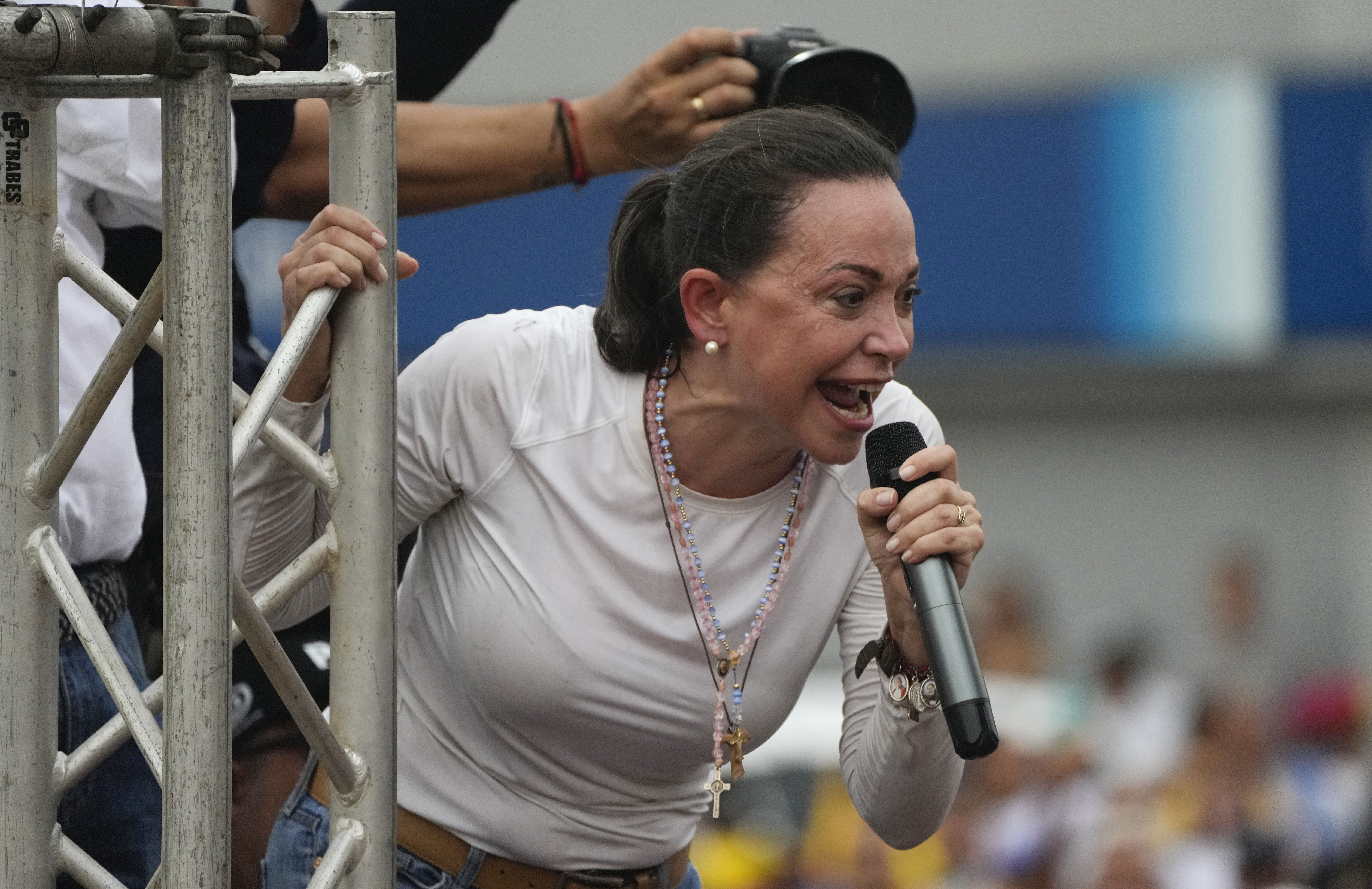 María Corina Machado speaking at a political rally