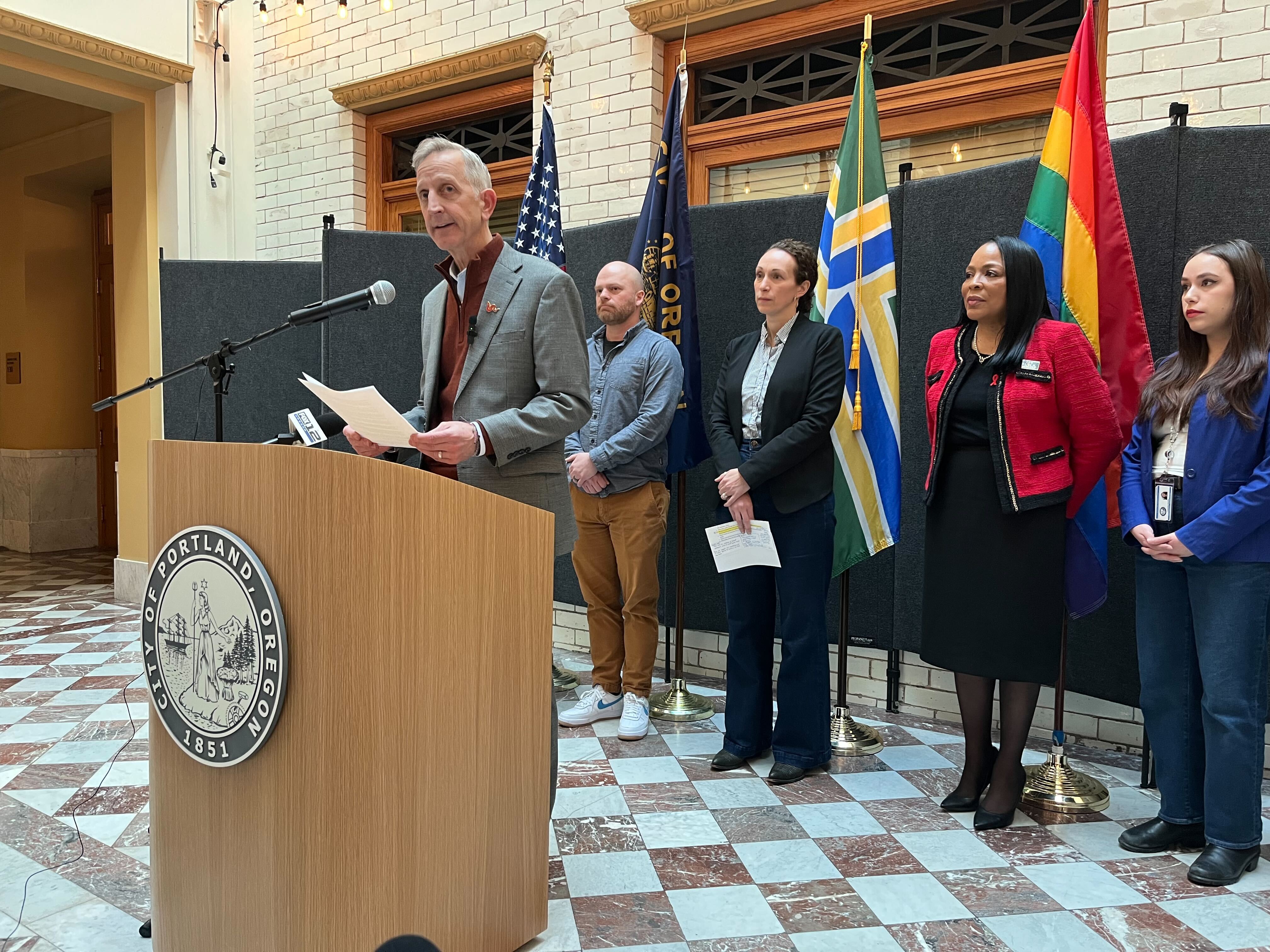 Portland Mayor Keith Wilson speaking at a press conference with members of Portland City Council at Portland City Hall on Feb. 7, 2025. Wilson announced plans to join a lawsuit against the Trump administration's threats to sanctuary cities.