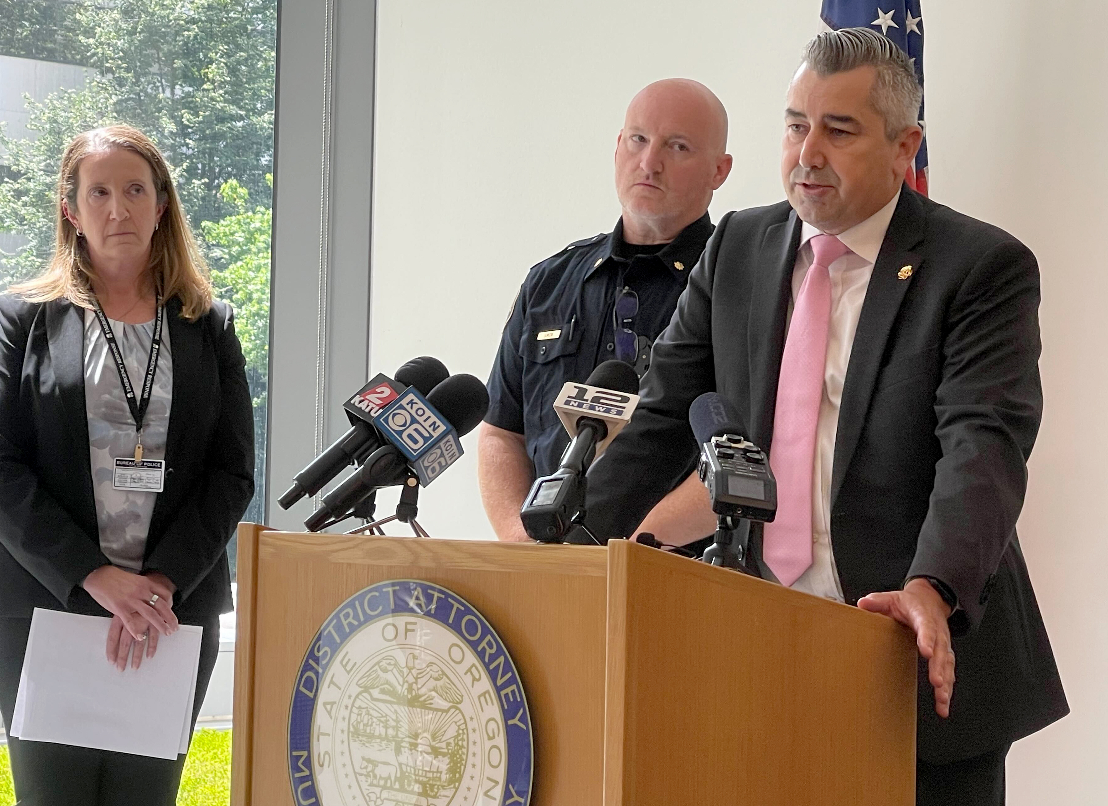 Multnomah County District Attorney Nathan Vasquez announces on Tuesday, Aug. 5, 2025, that Jesse Lee Calhoun has been charged in the death of 22-year-old Kristin Smith. Calhoun faces murder charges for the deaths of three other women.