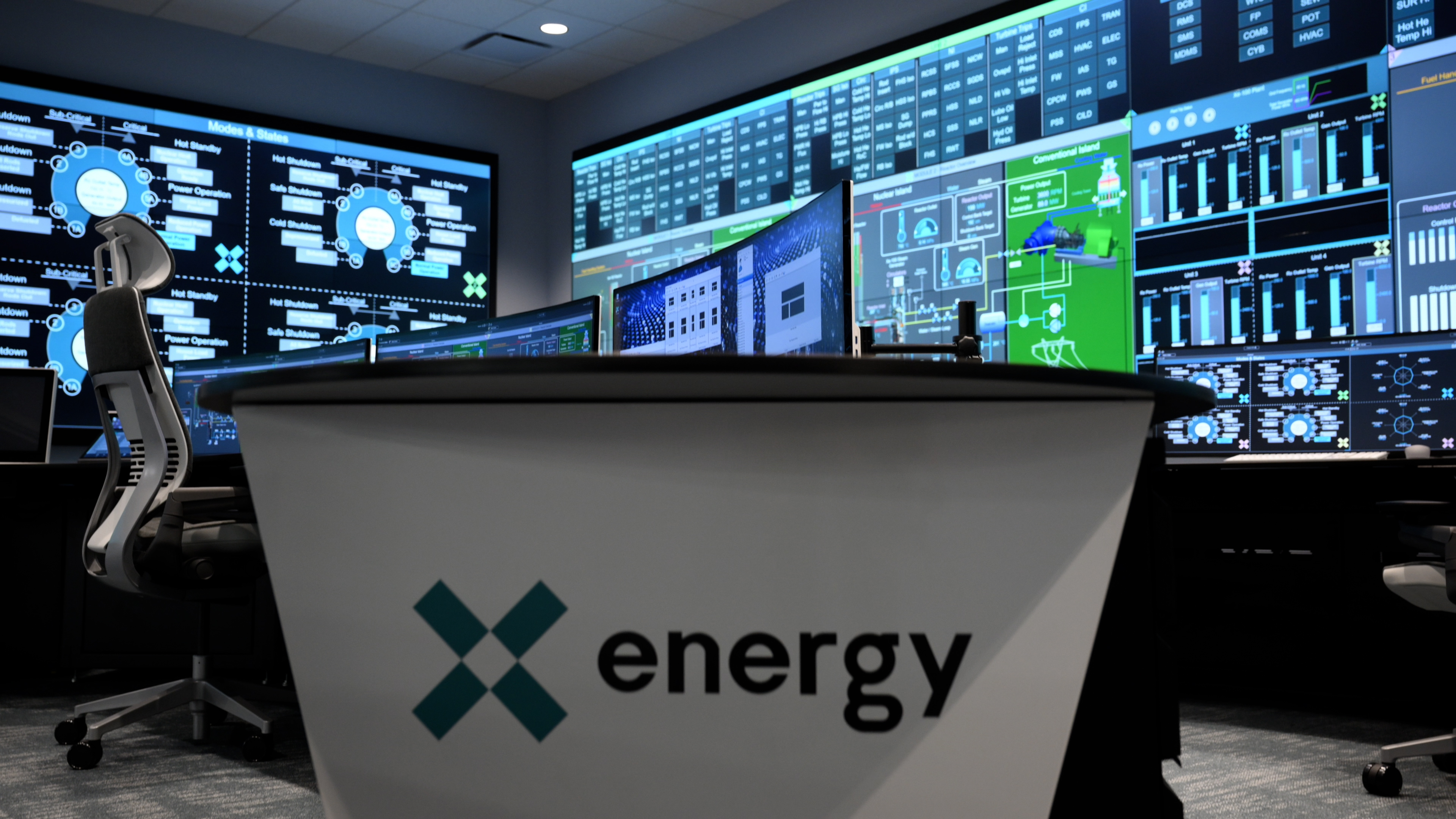 A desk with the X-energy logo is surrounded by computer displaying various graphs and data.