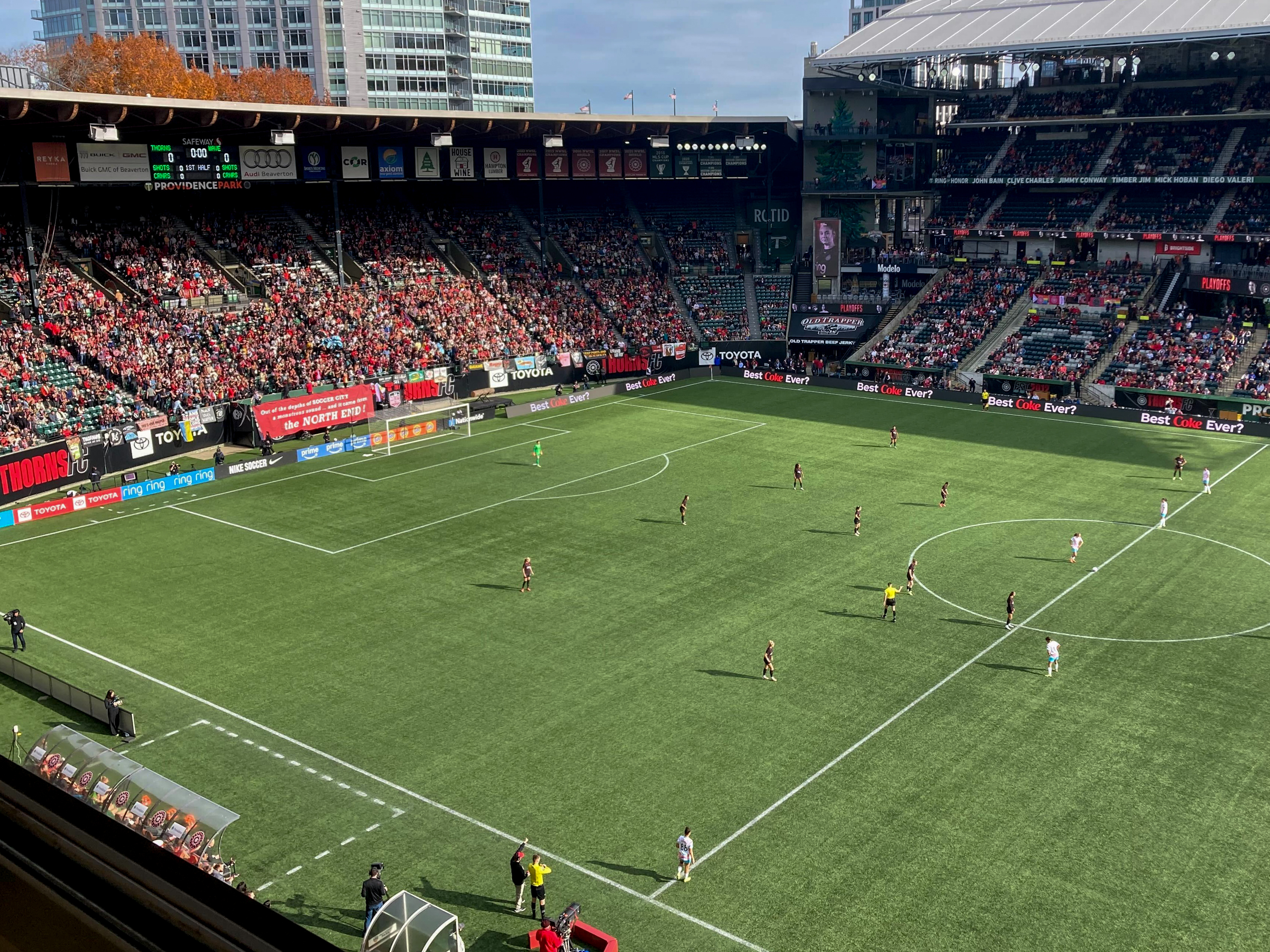 The Portland Thorns take on San Diego Wave FC in the NWSL quarterfinals in front of 21,000 fans at Providence Park on Nov. 9, 2025, in Portland, Ore.
