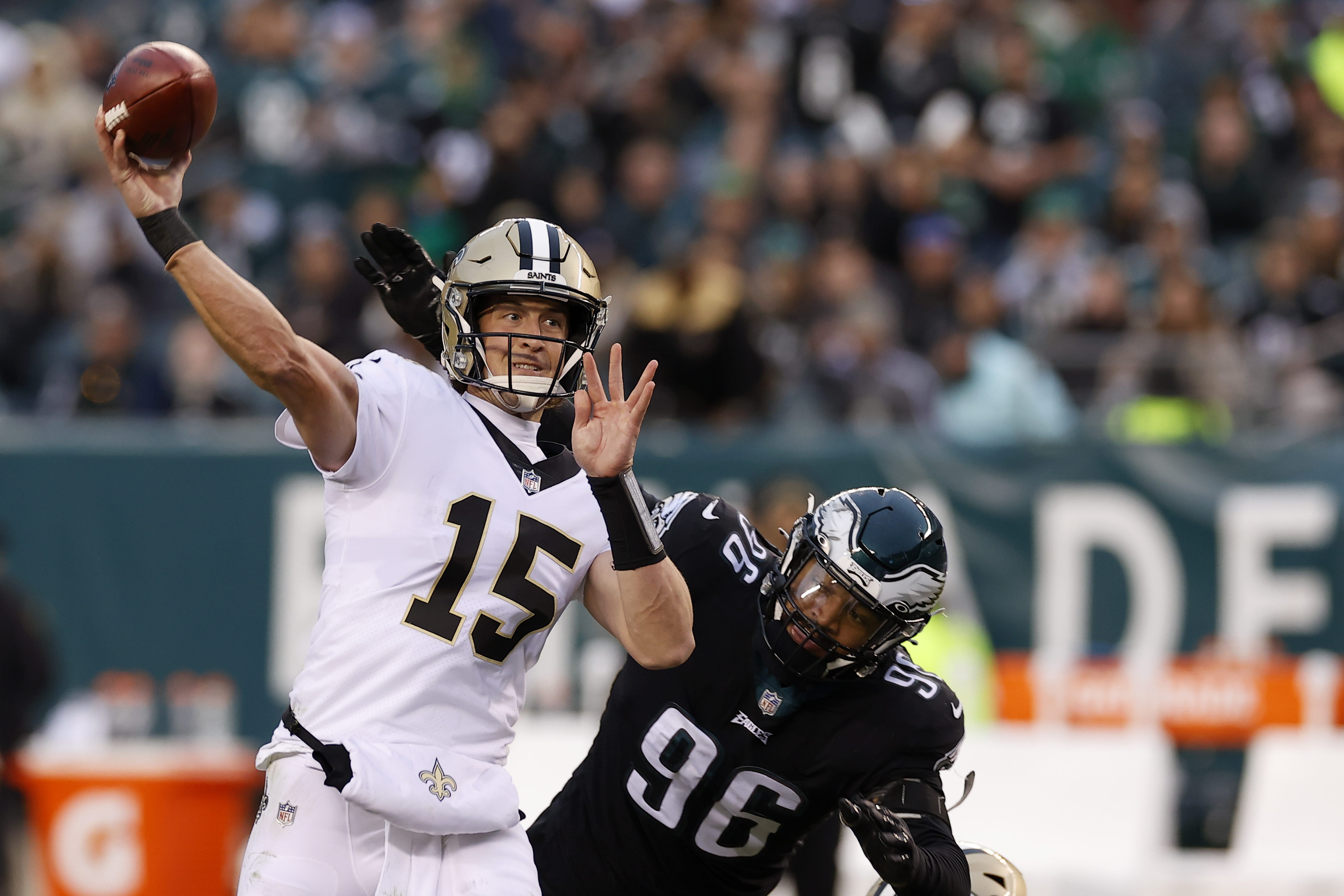 Philadelphia, Pennsylvania, USA. 21st Nov, 2021. Philadelphia Eagles  quarterback Jalen Hurts (1) throws the ball during the NFL game between the  New Orleans Saints and the Philadelphia Eagles at Lincoln Financial Field