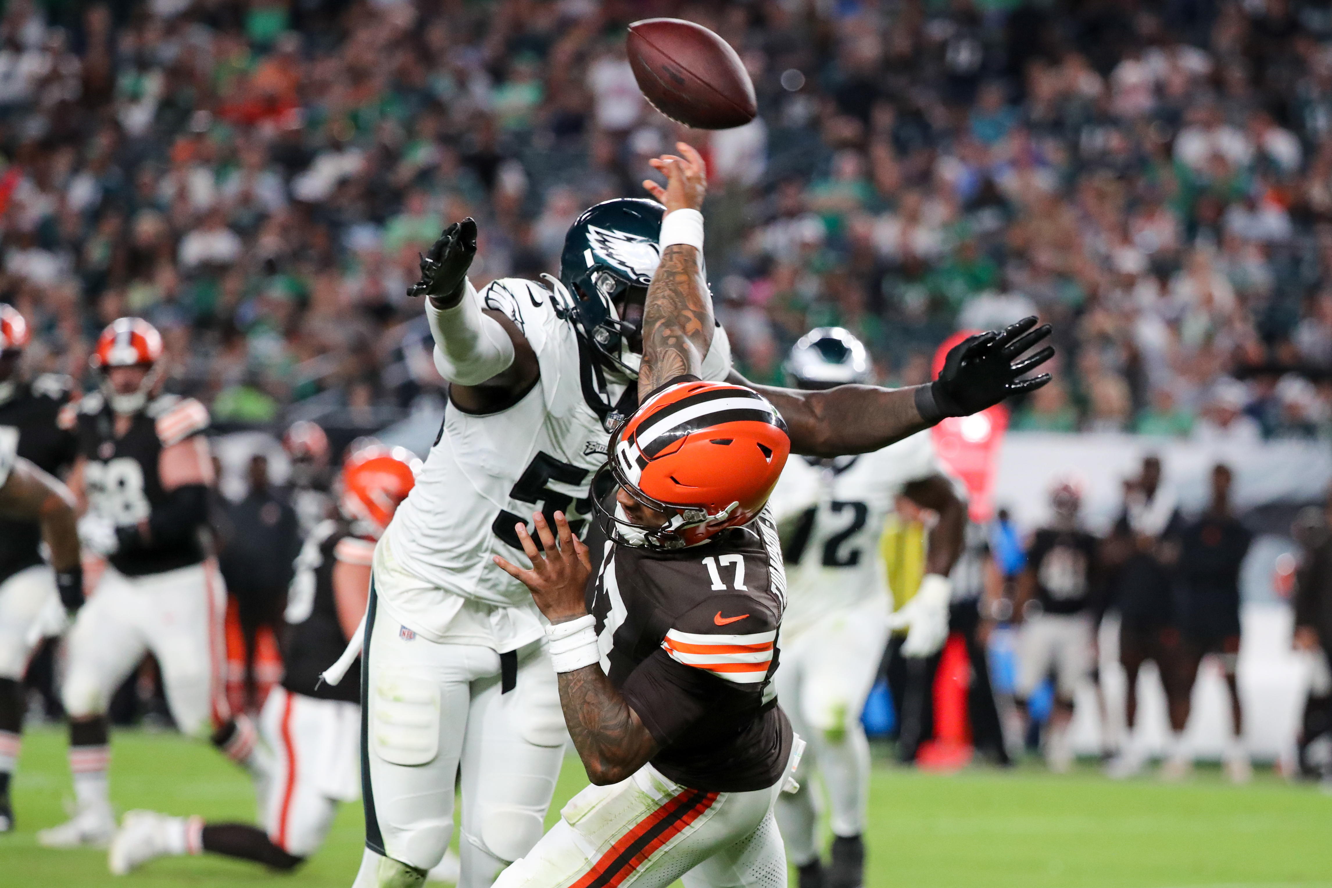 Philadelphia Eagles quarterback Tanner McKee (10) warms up before an NFL  pre-season football game against the Cleveland Browns, Thursday, Aug. 17,  2023, in Philadelphia. (AP Photo/Rich Schultz Stock Photo - Alamy