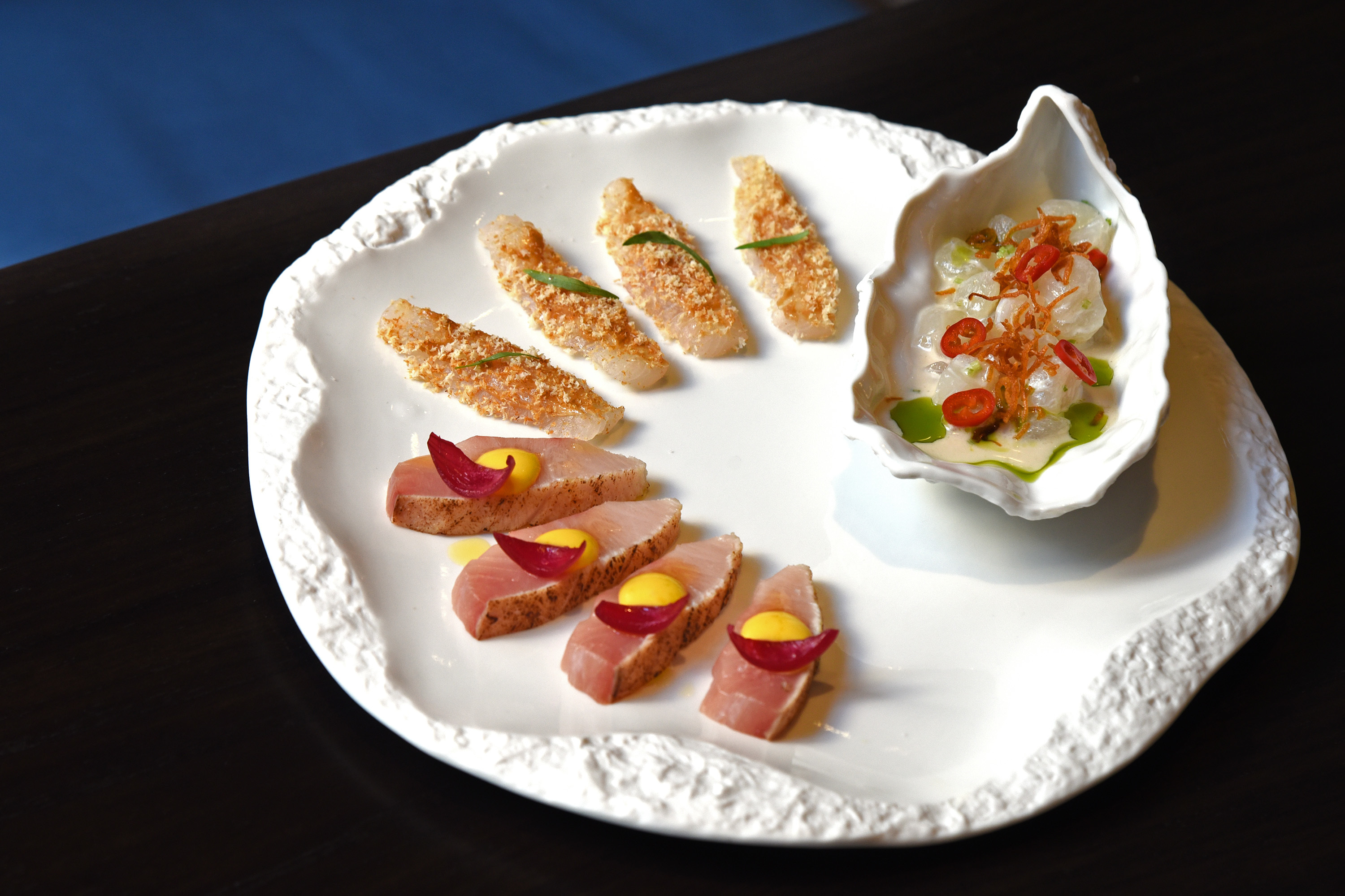 The raw platter including fluke brown butter, the torched jack, and the halibut ceviche at Vernick Fish, on the ground floor of the new landmark Comcast Technology Center October 24, 2019.