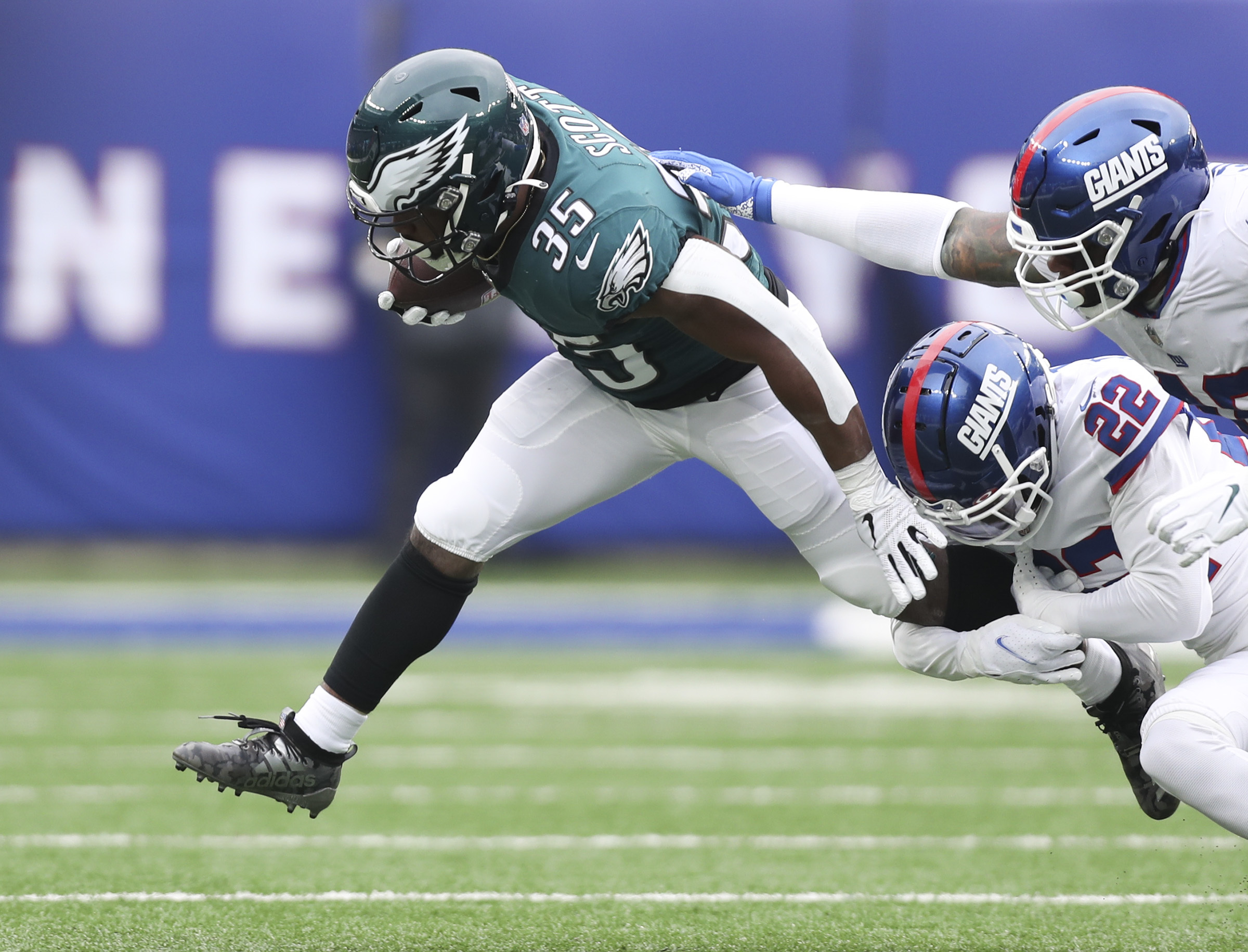 Philadelphia Eagles wide receiver DeVonta Smith (6) runs a route during an  NFL football game against the New York Giants, Sunday, Nov. 28, 2021, in  East Rutherford, N.J. The New York Giants