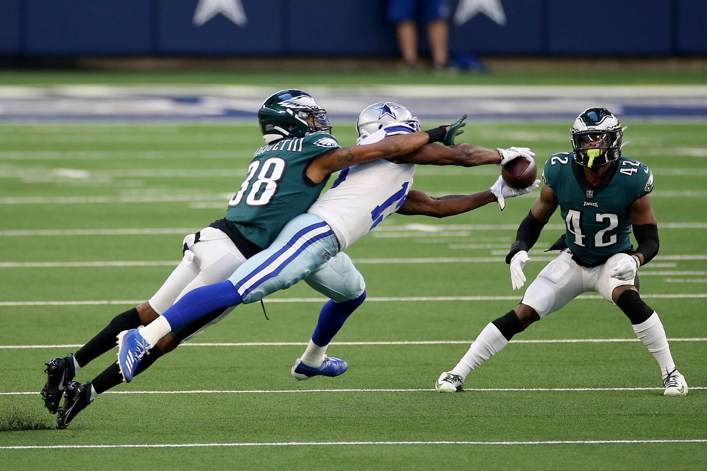 NOV 01, 2020 : Philadelphia Eagles cornerback Darius Slay (24) eyes Dallas  Cowboys wide receiver Michael Gallup (13) during the NFC matchup between  the Dallas Cowboys and the Philadelphia Eagles at Lincoln