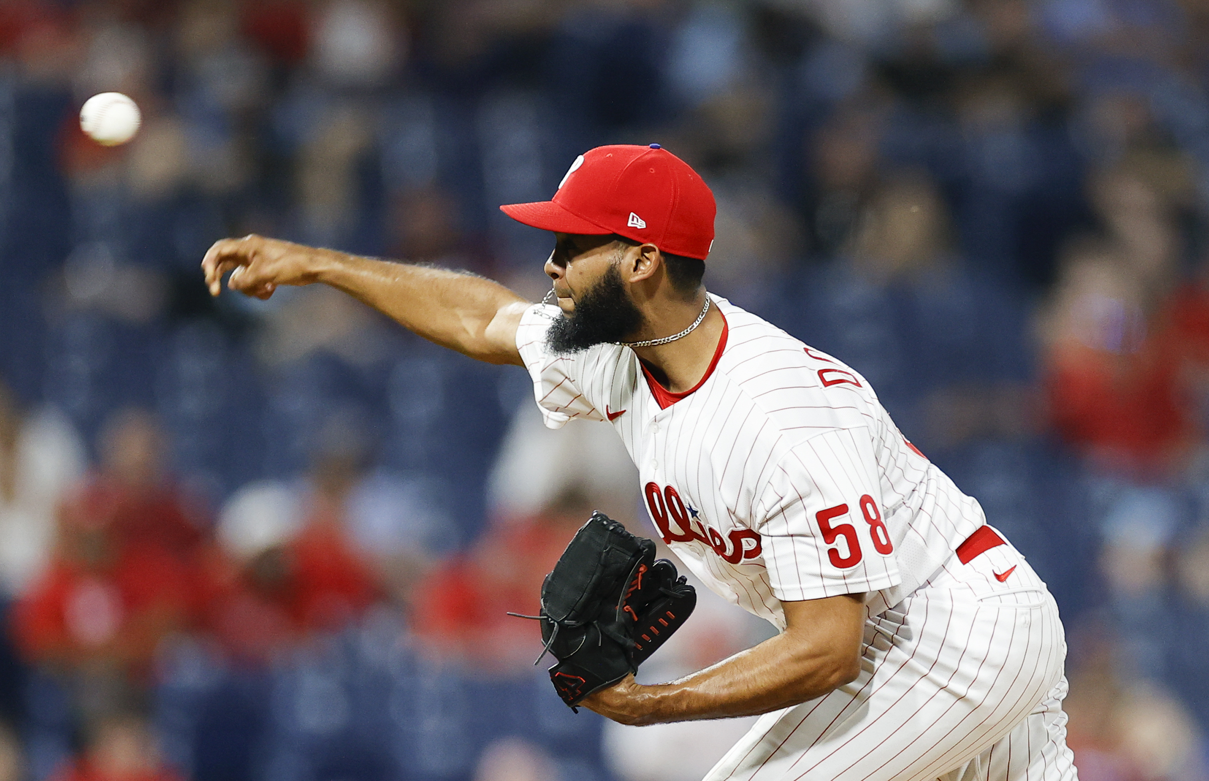 Philadelphia Phillies relief pitcher Seranthony Dominguez (58) in action  during the first baseball game of a