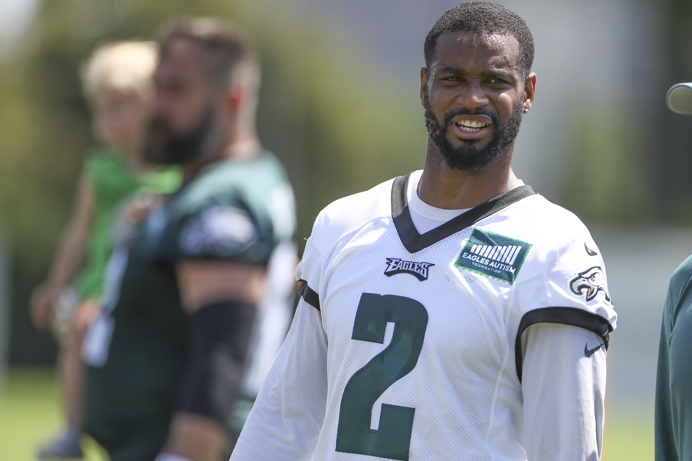 Philadelphia Eagles' Darius Slay looks on during practice at NFL