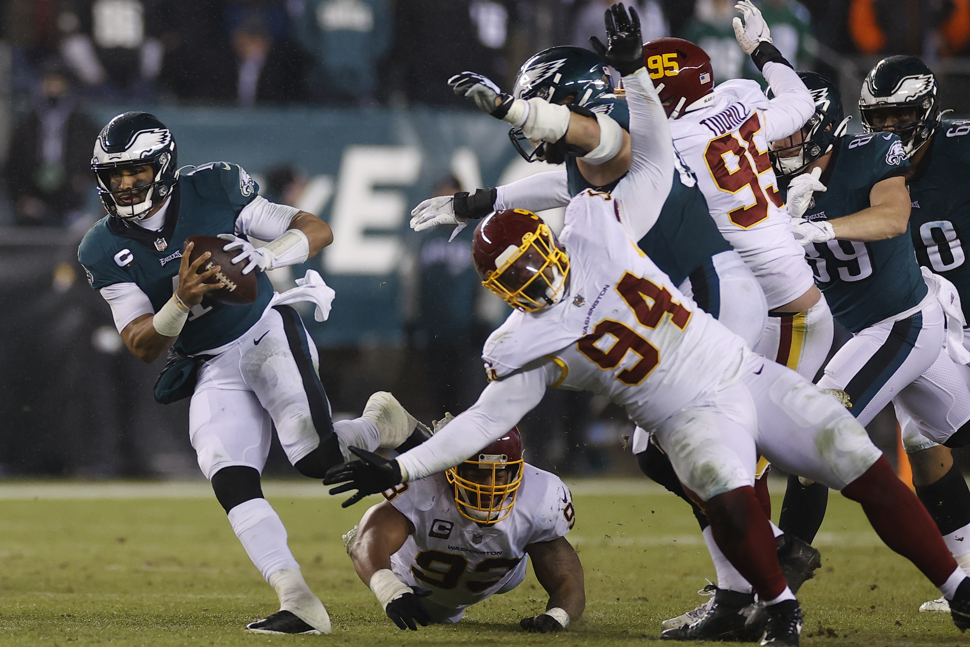 PHILADELPHIA, PA - DECEMBER 19: Philadelphia Eagles defensive end Josh  Sweat (94) looks on during the game between the Washington Football Team  and the Philadelphia Eagles on December 21, 2021 at Lincoln