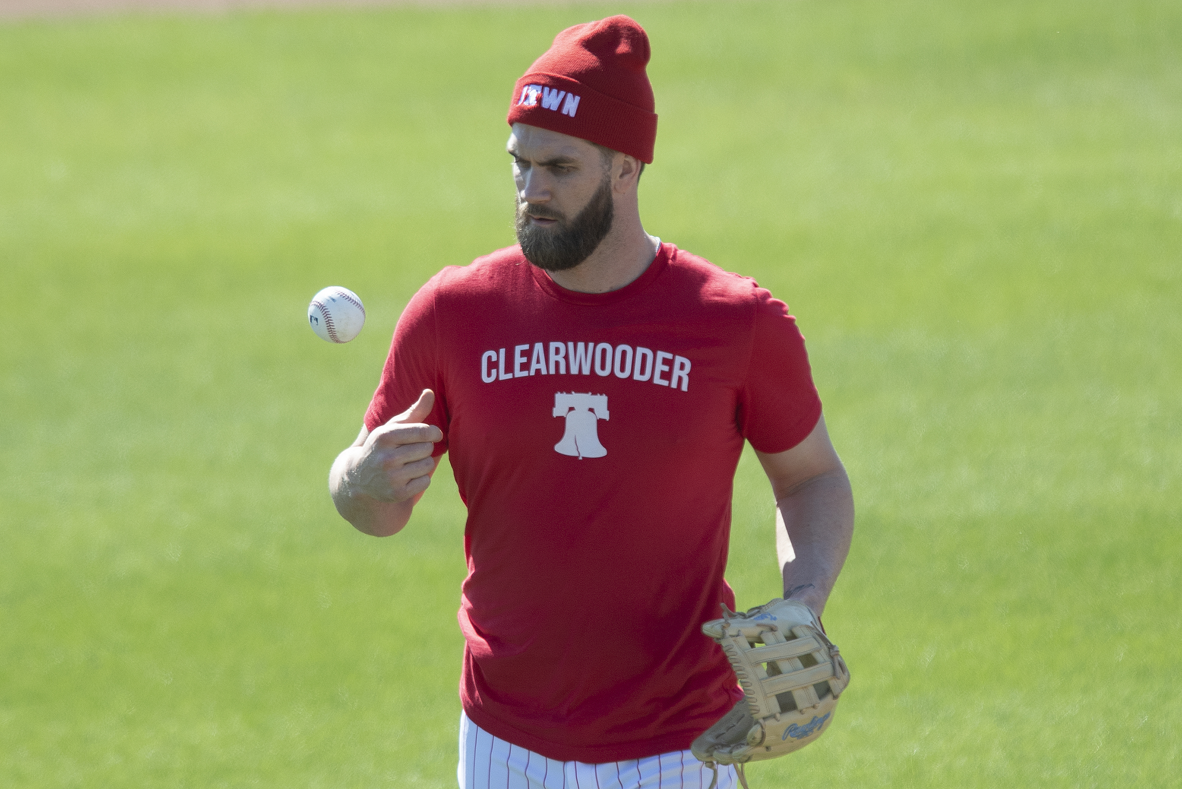 Bryce Harper, Wearing a Clearwooder Shirt and Wielding a Phillie Phanatic  Bat - Crossing Broad