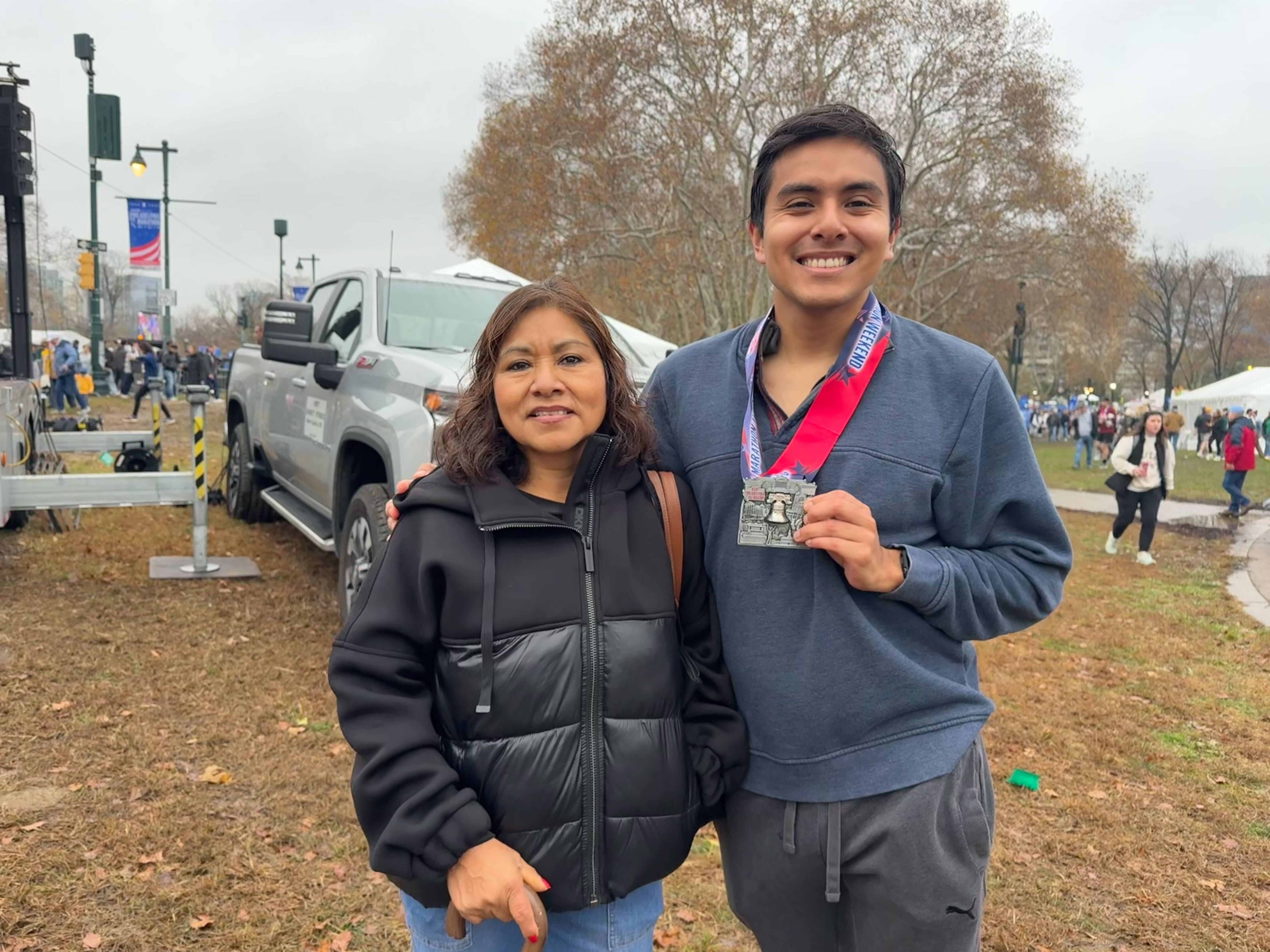 Aurelia Villegas arrived in Philly early Saturday to watch her son Ariel Sanchez cross the finish line.