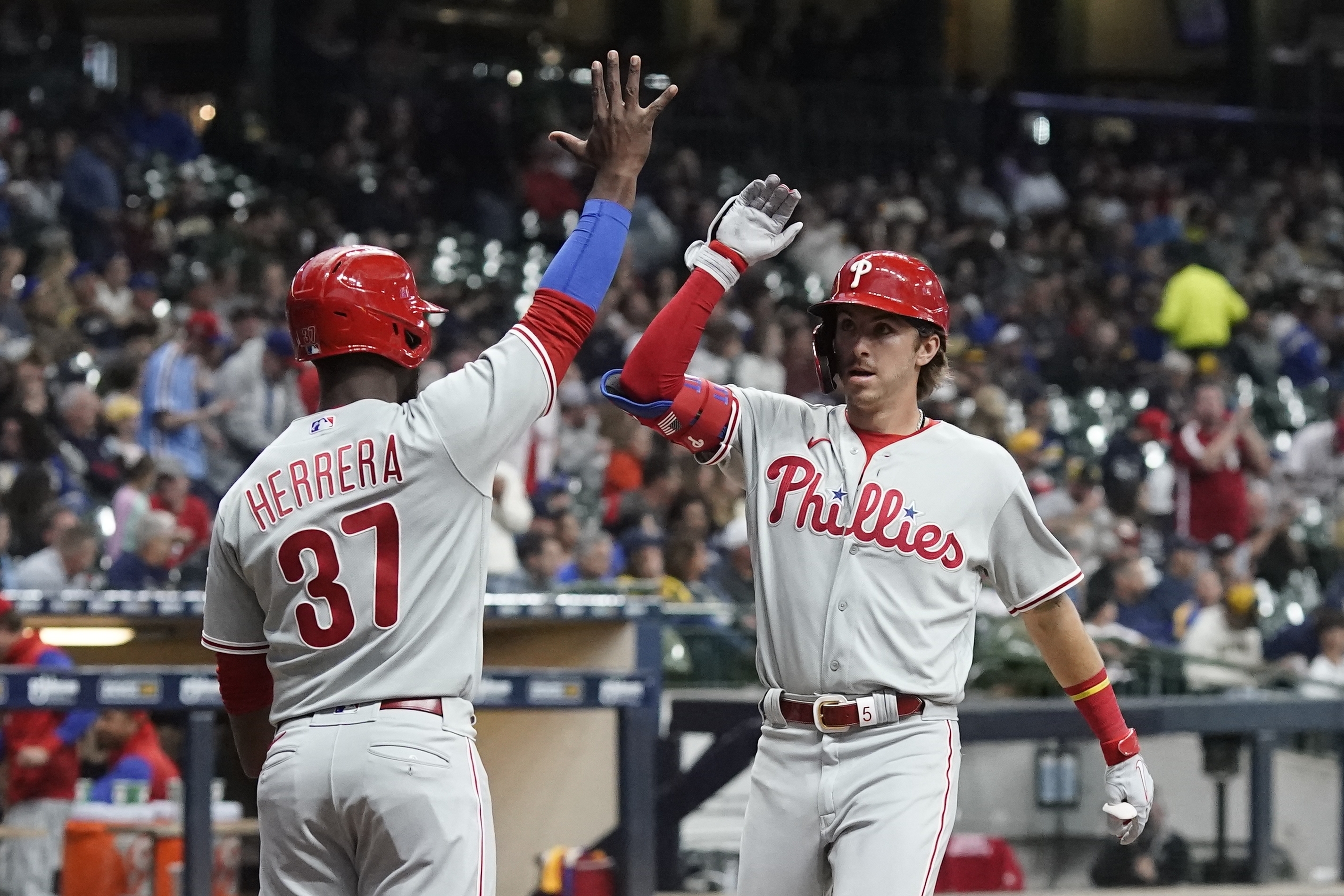MILWAUKEE, WI - JUNE 08: Philadelphia Phillies third baseman Bryson Stott  (5) hits a home run during a game between the Milwaukee Brewers and the  Philadelphia Phillies on June 8, 2022 at