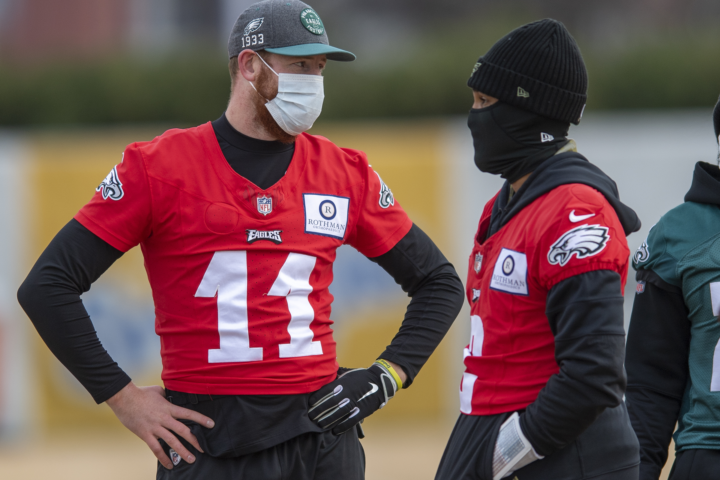 4th and JAWN - #Eagles QB Carson Wentz has his red jersey back on and is  back on the practice field, but won't be participating. The team is not  concerned about the