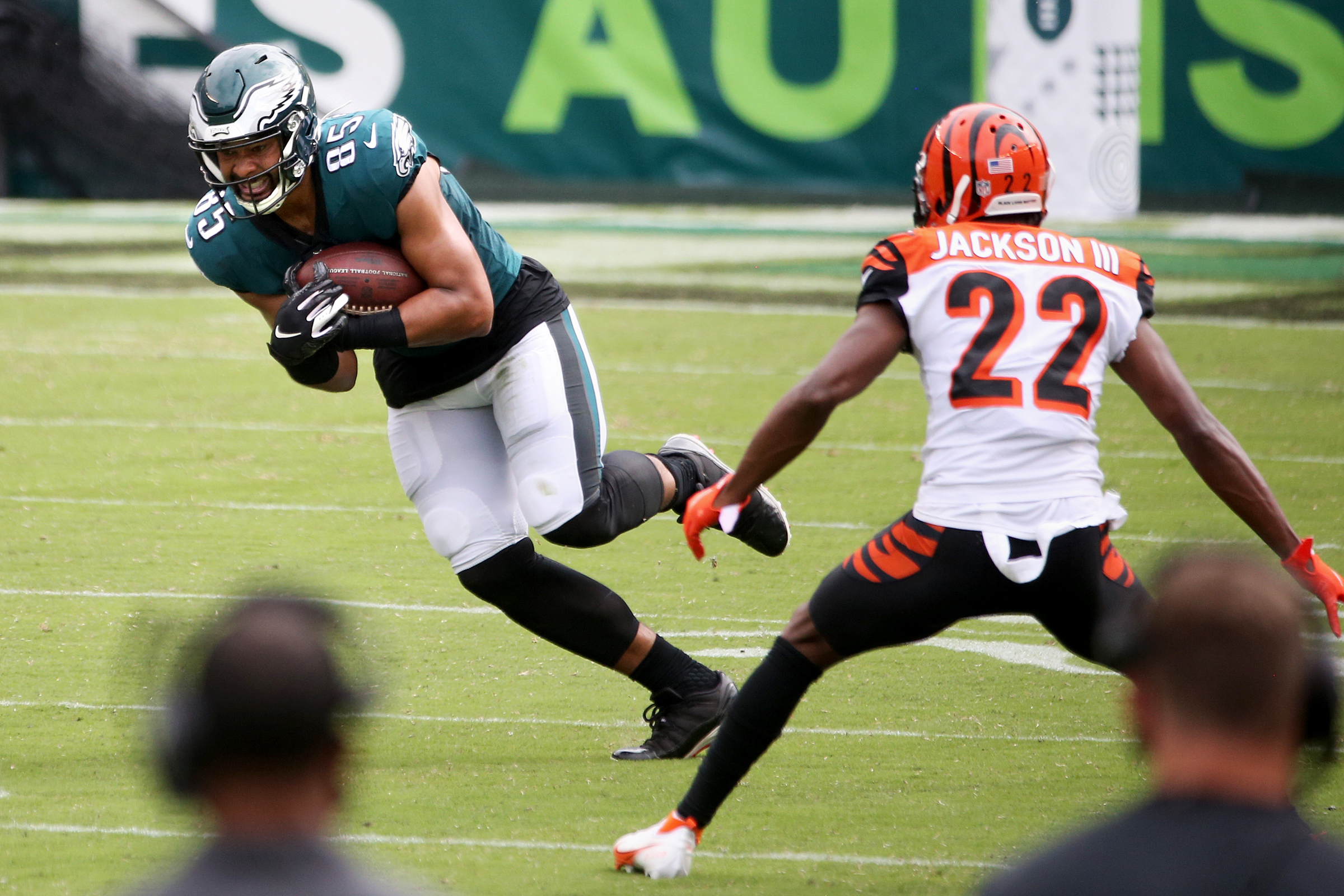 Philadelphia Eagles tight end Dallas Goedert (88) has his jersey ripped  during the second half of an NFL football game against the Los Angeles  Chargers on Sunday, Nov. 7, 2021, in Philadelphia. (