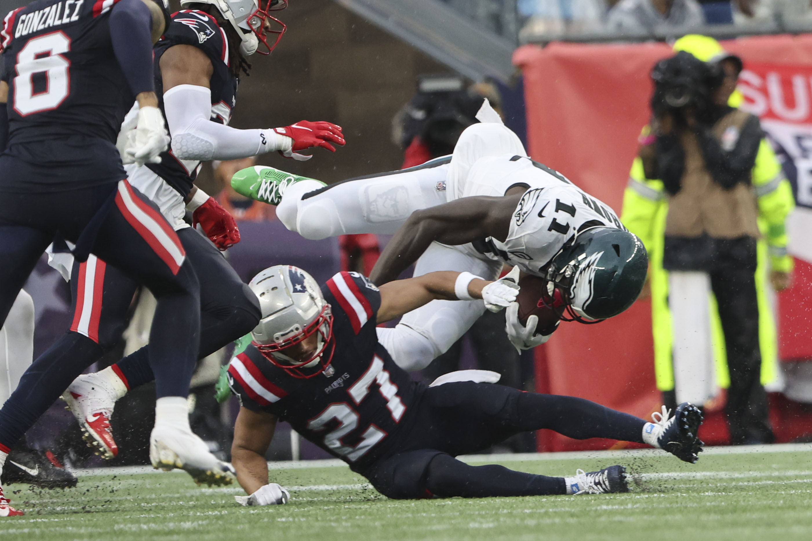 Philadelphia Eagles running back Kenneth Gainwell (14) walks off the field  after an NFL football game against the New York Giants, Sunday, Nov. 28,  2021, in East Rutherford, N.J. (AP Photo/Adam Hunger