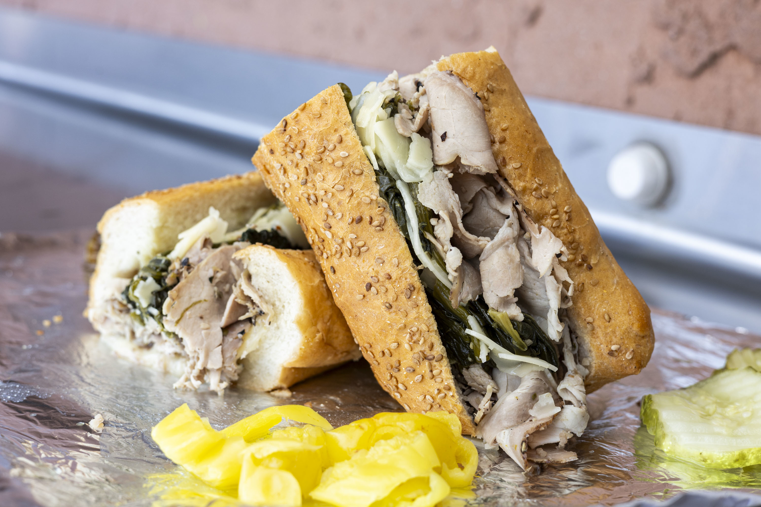 A Roast Pork Sandwich with Spinach and Cheese at John’s Roast Pork in Philadelphia, Pa., on Friday, Sept., 13, 2024. .