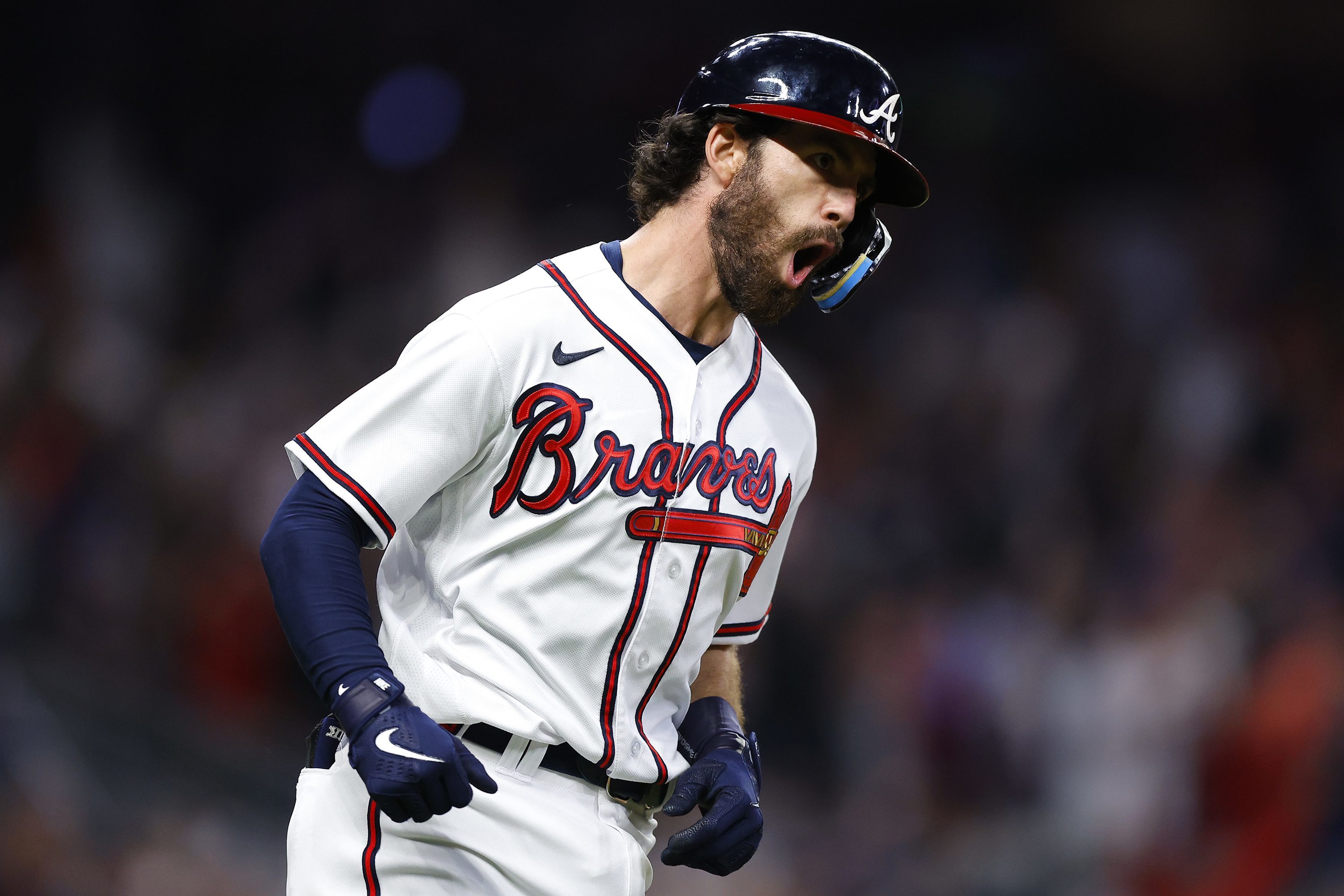 Atlanta Braves Shortstop Dansby Swanson looks on during the game