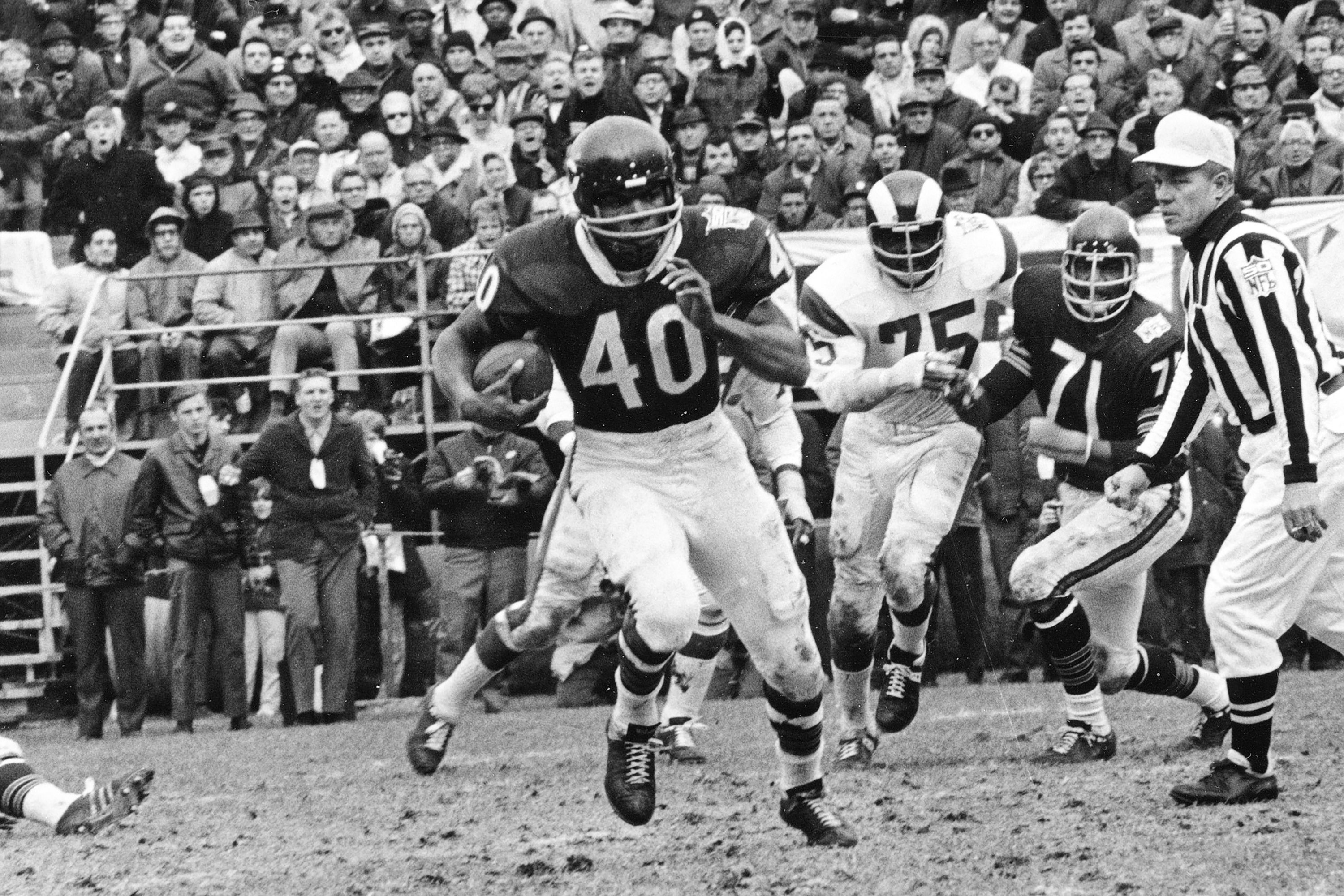 Chicago Bears running back Gale Sayers is carried from the field to an  ambulance after he was injured in the second period Nov. 10, 1968 in a game  in Chicago with San