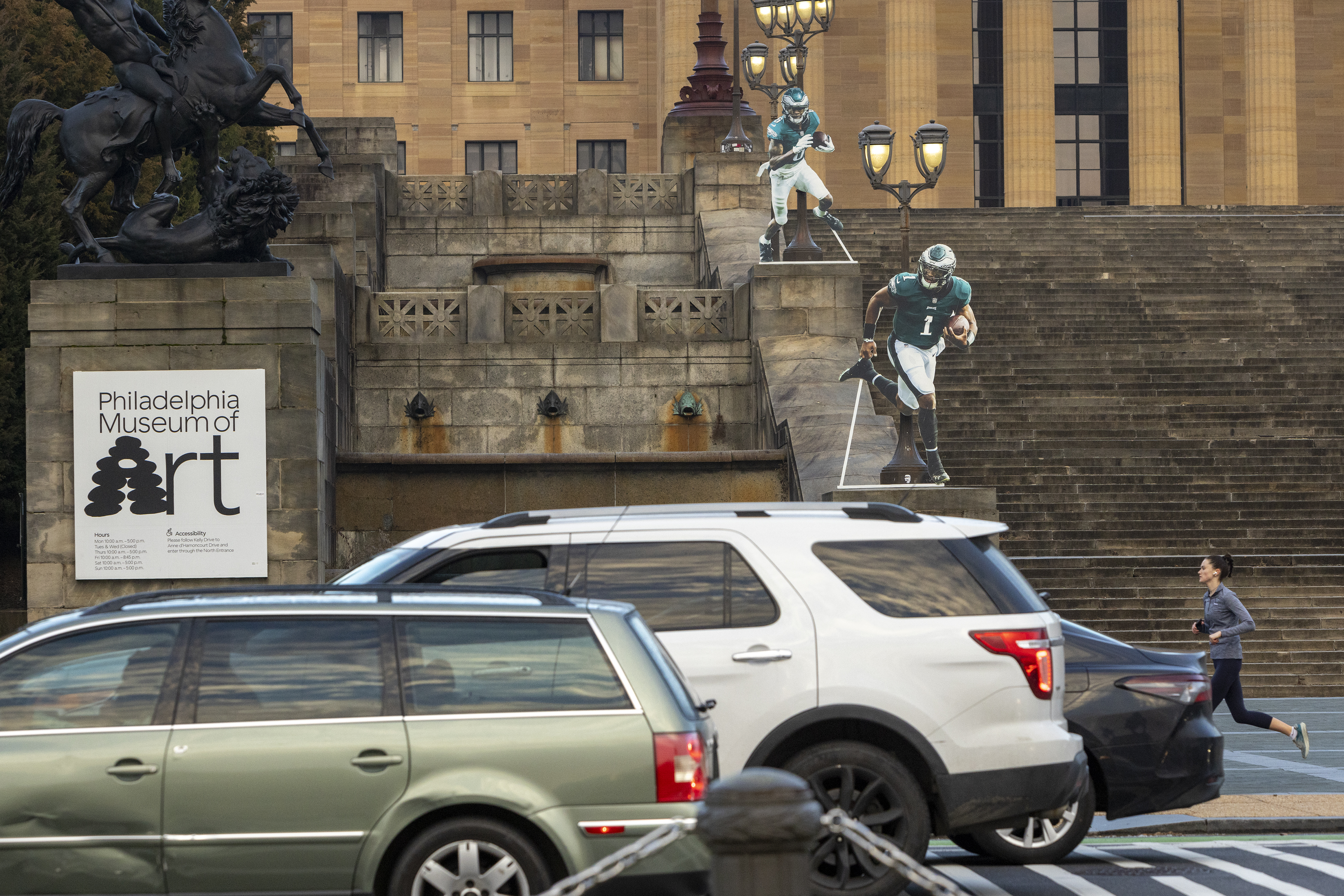 Eagles player cutouts are on Philadelphia Museum of Art steps