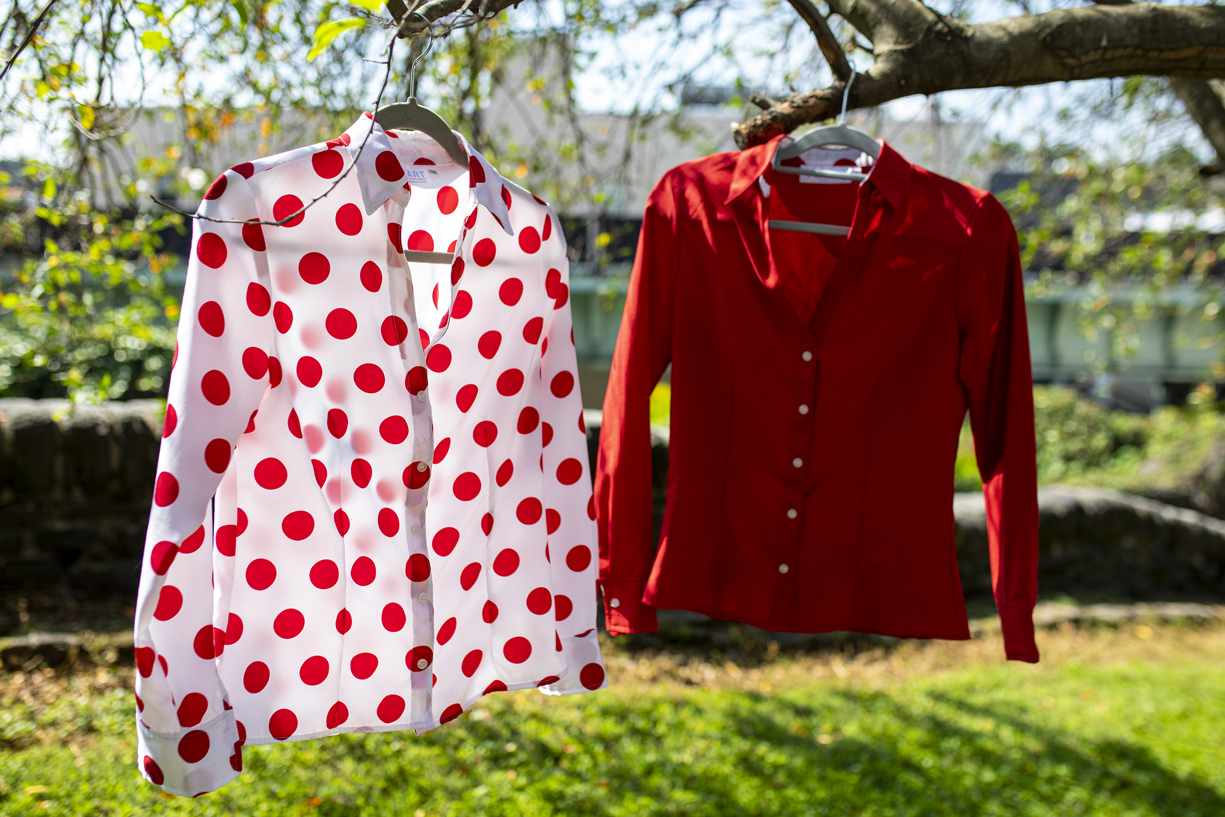 Red Polka Dot Velcro Closures Long Sleeve Blouse by Smart Adaptive Clothing