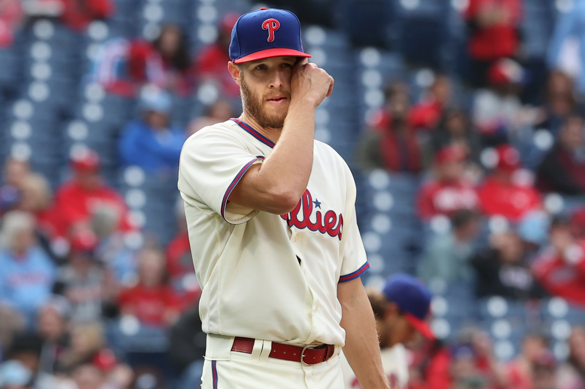 Zach Wheeler #45 - Game Used White Pinstripe Jersey (Buttons Ripped Off) -  Mets vs. Phillies - 7/7/19 - 5 IP, 7 K's