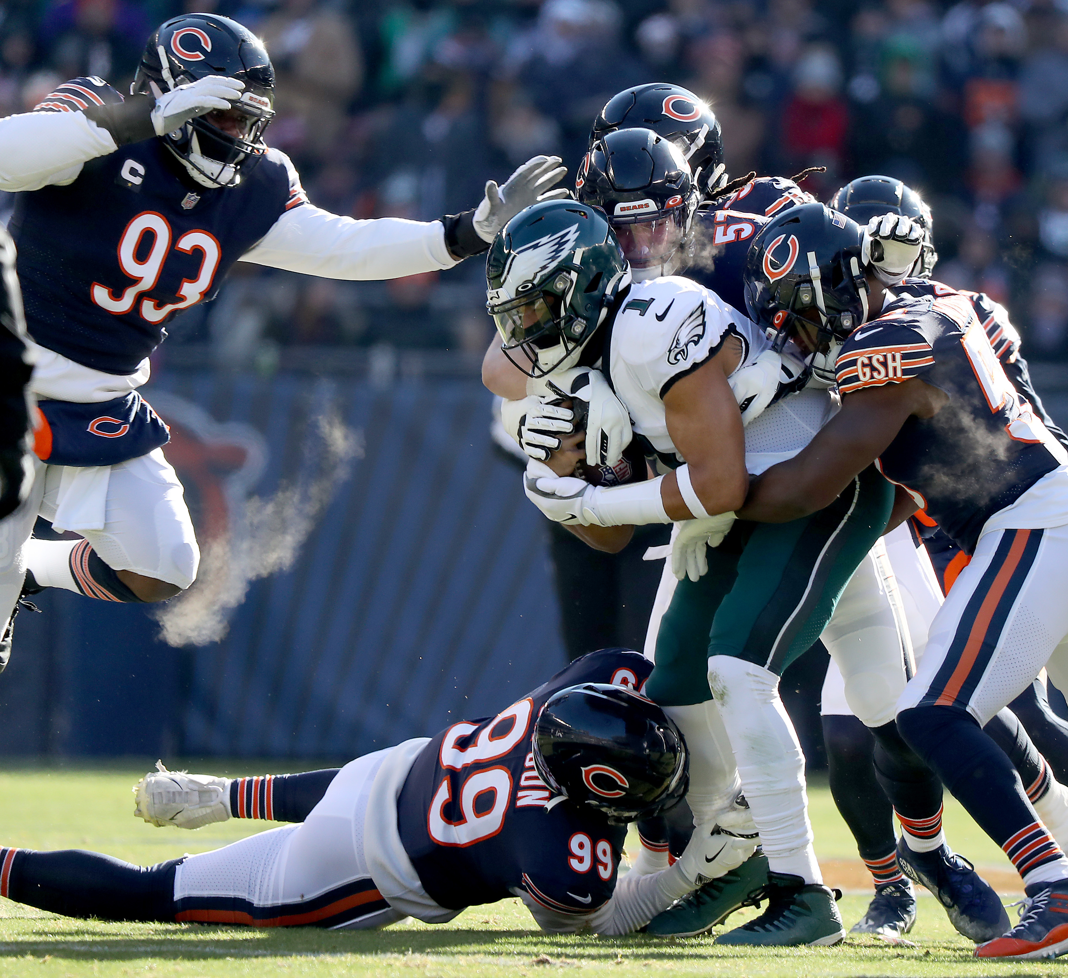 December 18, 2022: Chicago Bears quarterback #1 Justin Fields is sacked by  Eagles #7 Haason Reddick during a game against the Philadelphia Eagles in  Chicago, IL. Mike Wulf/CSM/Sipa USA(Credit Image: © Mike