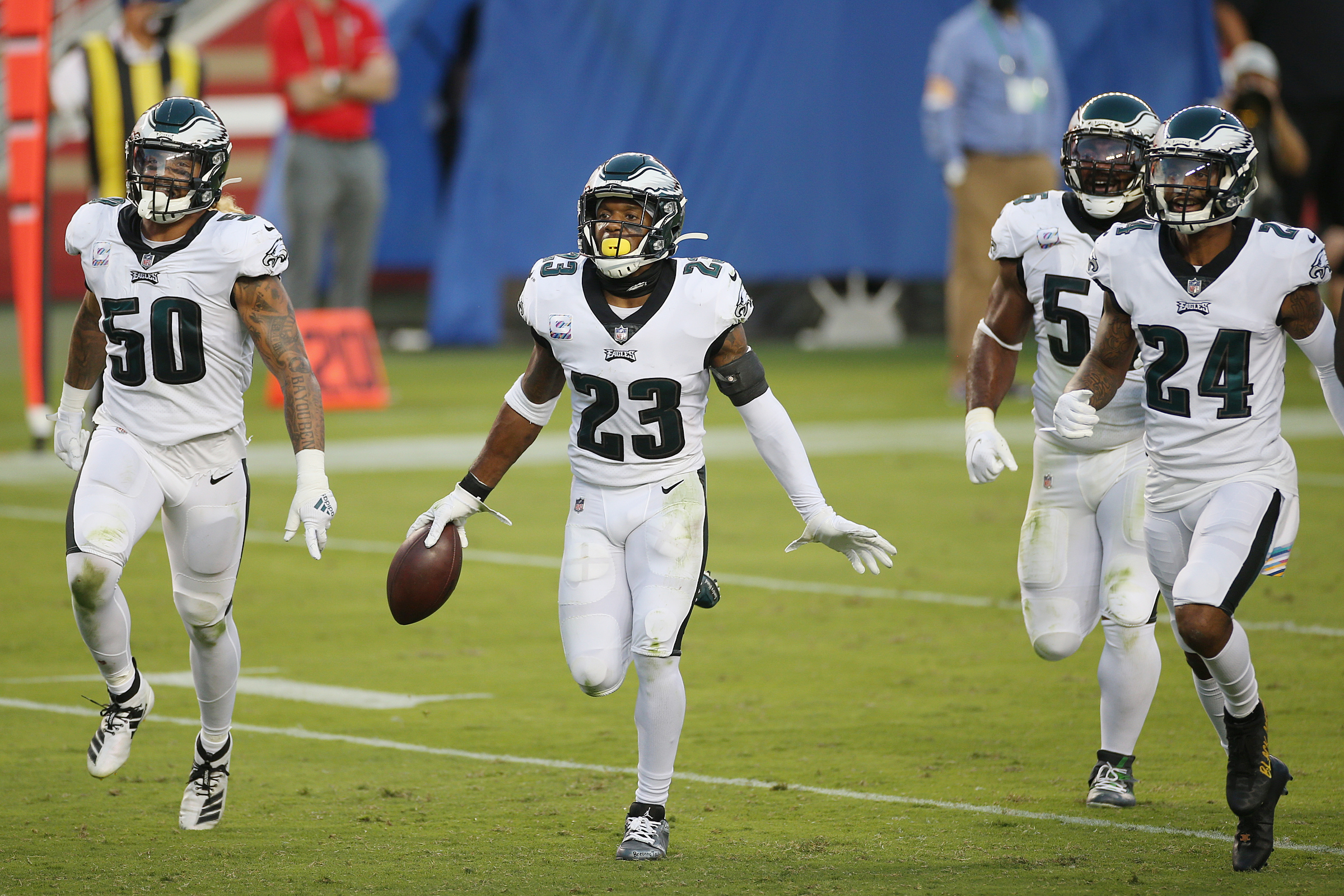 Travis Fulgham of the Philadelphia Eagles celebrates after catching a