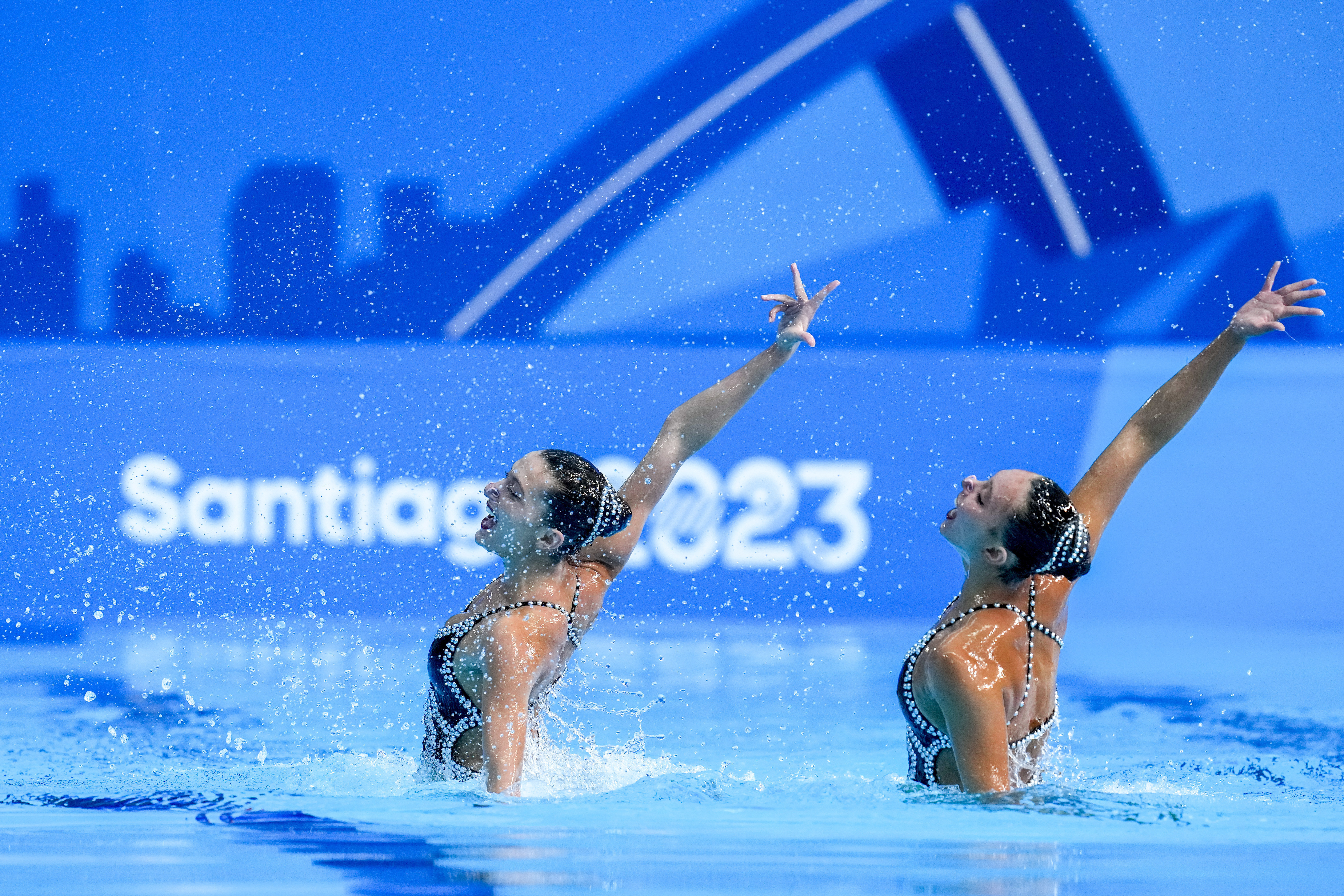 Megumi Field (left) and Ruby Remati competing for the United States in the artistic swimming duets free routine final at the Pan American Games in Santiago, Chile, last November.