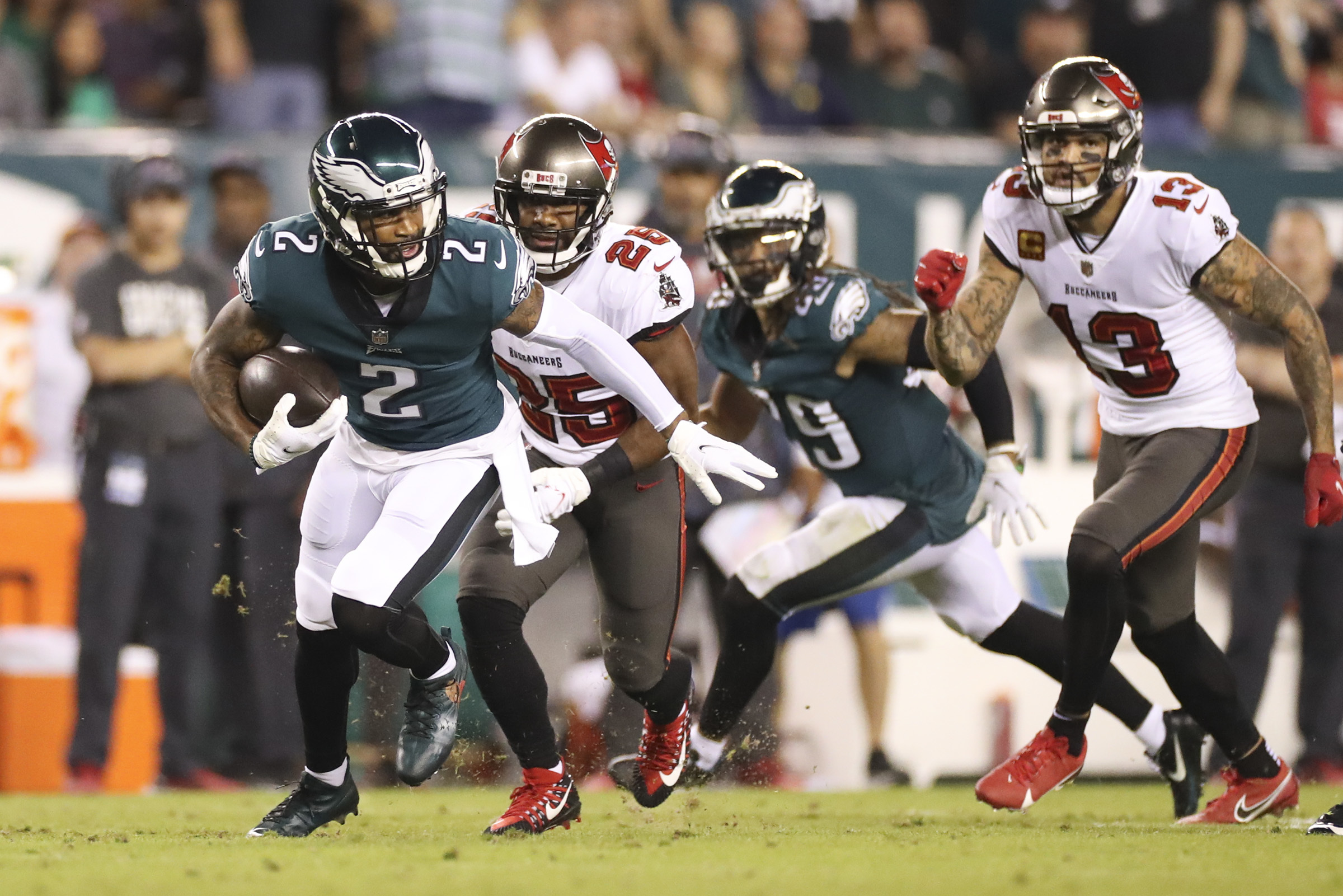 October 14, 2021: Tampa Bay Buccaneers tight end O.J. Howard (80) looks on  following his touchdown during the NFL game between the Tampa Bay Buccaneers  and the Philadelphia Eagles at Lincoln Financial