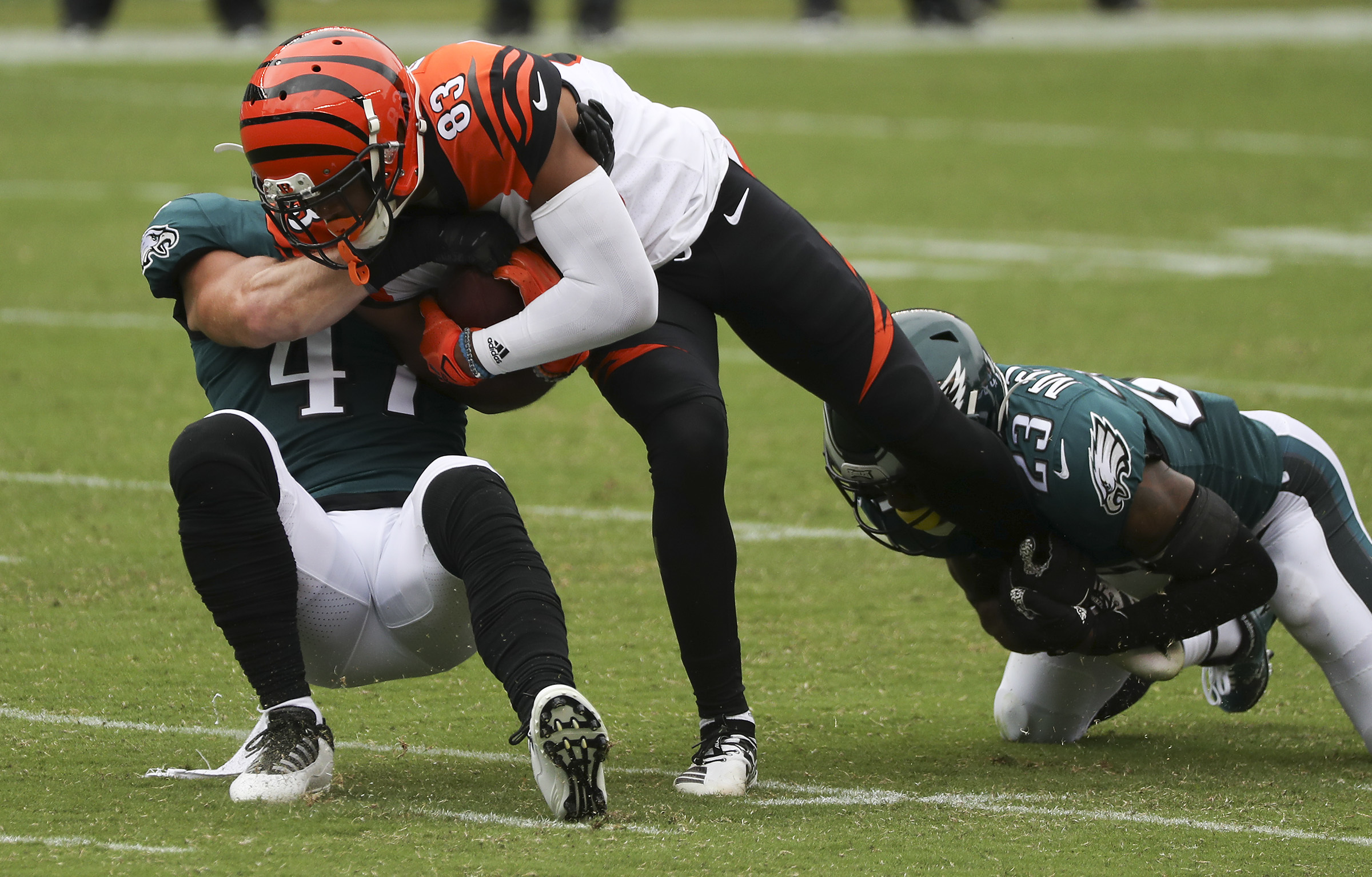 Philadelphia Eagles tight end Dallas Goedert (88) has his jersey ripped  during the second half of an NFL football game against the Los Angeles  Chargers on Sunday, Nov. 7, 2021, in Philadelphia. (