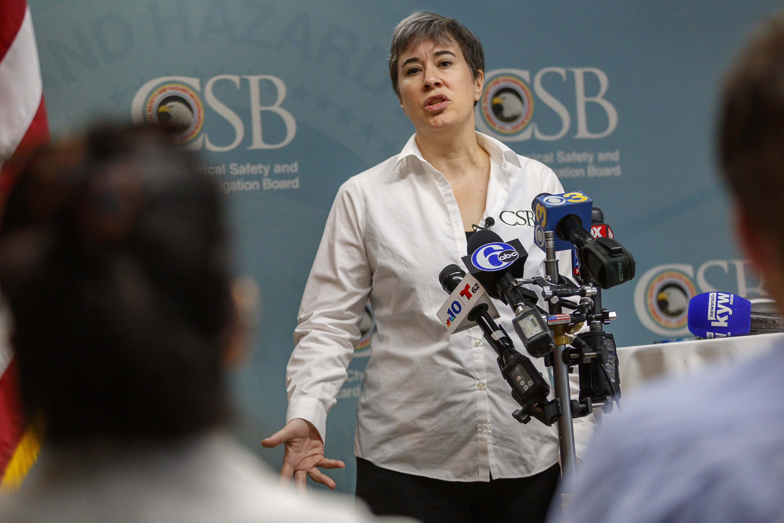 Kristen Kulinowski, then the interim chief executive of the U.S. Chemical Safety Board, answers media questions in October 2019, after releasing a preliminary report on the PES refinery fire four months earlier.