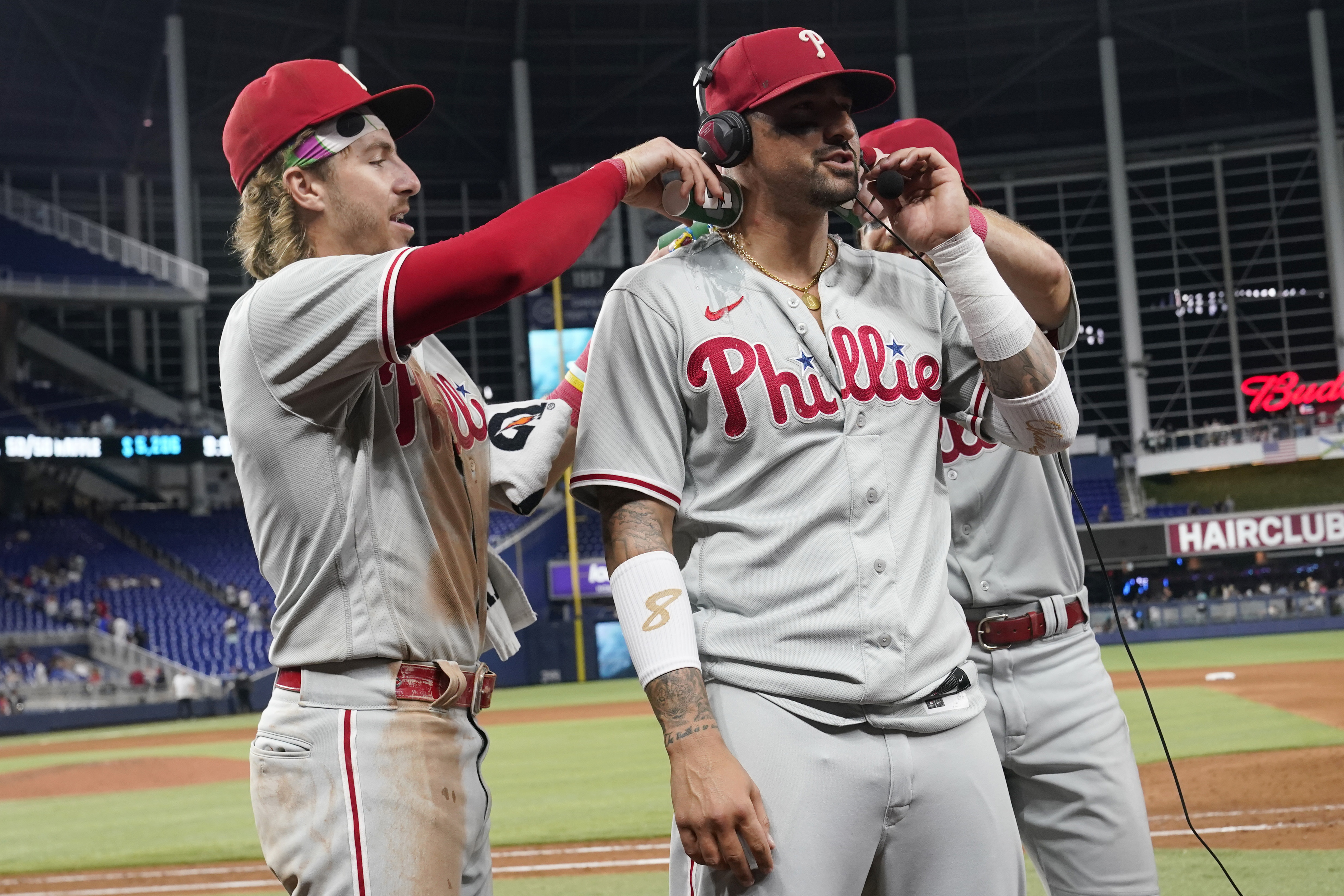 PHILADELPHIA, PA - SEPTEMBER 27: Philadelphia Phillies Outfield Bryce Harper  (3) squats frustrated at first base after being tagged out during the Miami  Marlins game versus the Philadelphia Phillies on September 27