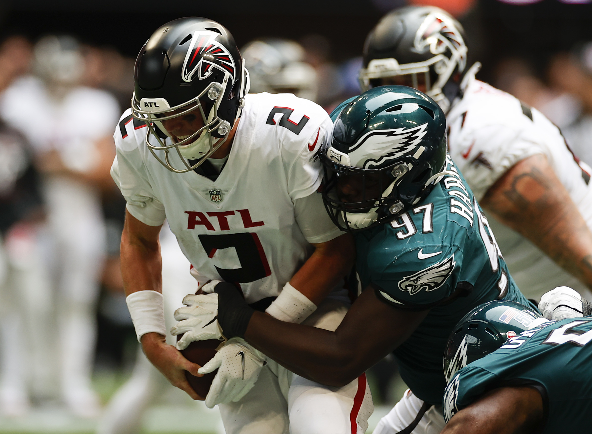 Philadelphia Eagles safety RODNEY McLEOD sacks Atlanta Falcons QB MATT RYAN