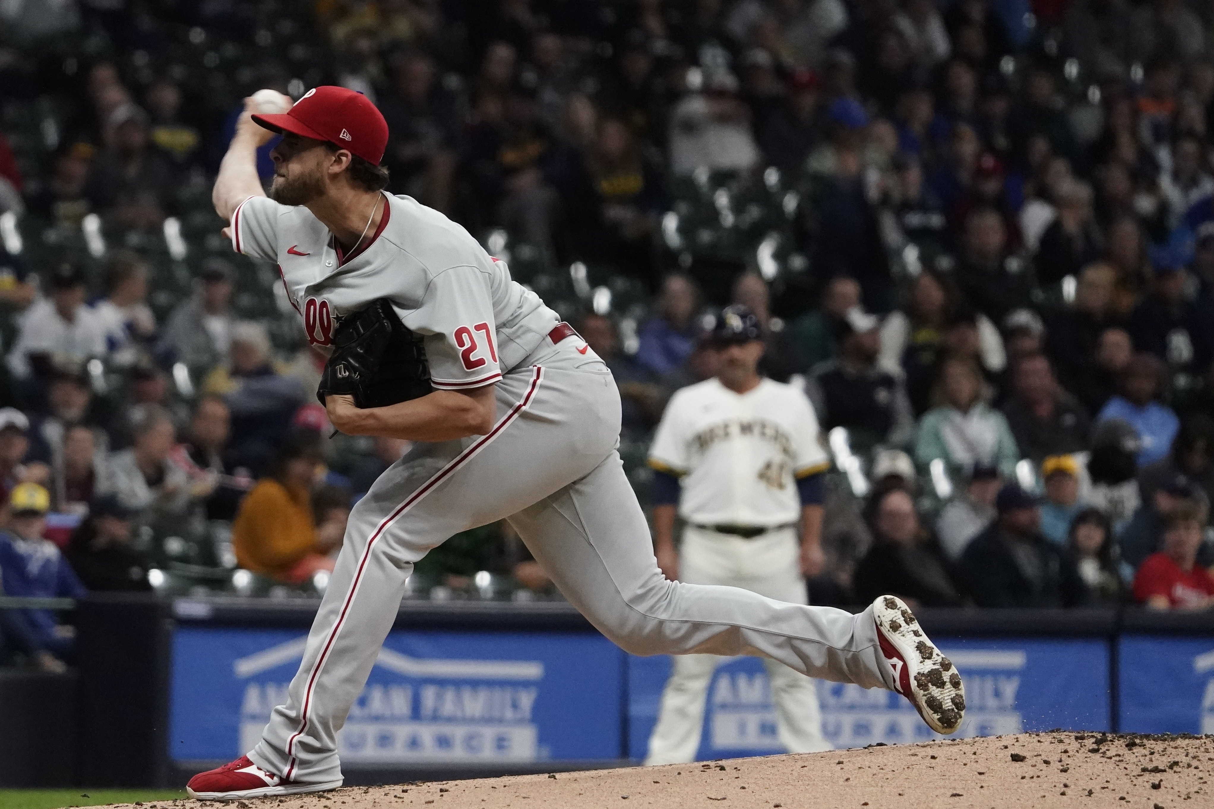 Milwaukee, United States. 03rd Sep, 2023. Philadelphia Phillies second  baseman Bryson Stott catches a pop fly hit by Milwaukee Brewers third  baseman Andruw Monasterio in the second inning of their baseball game